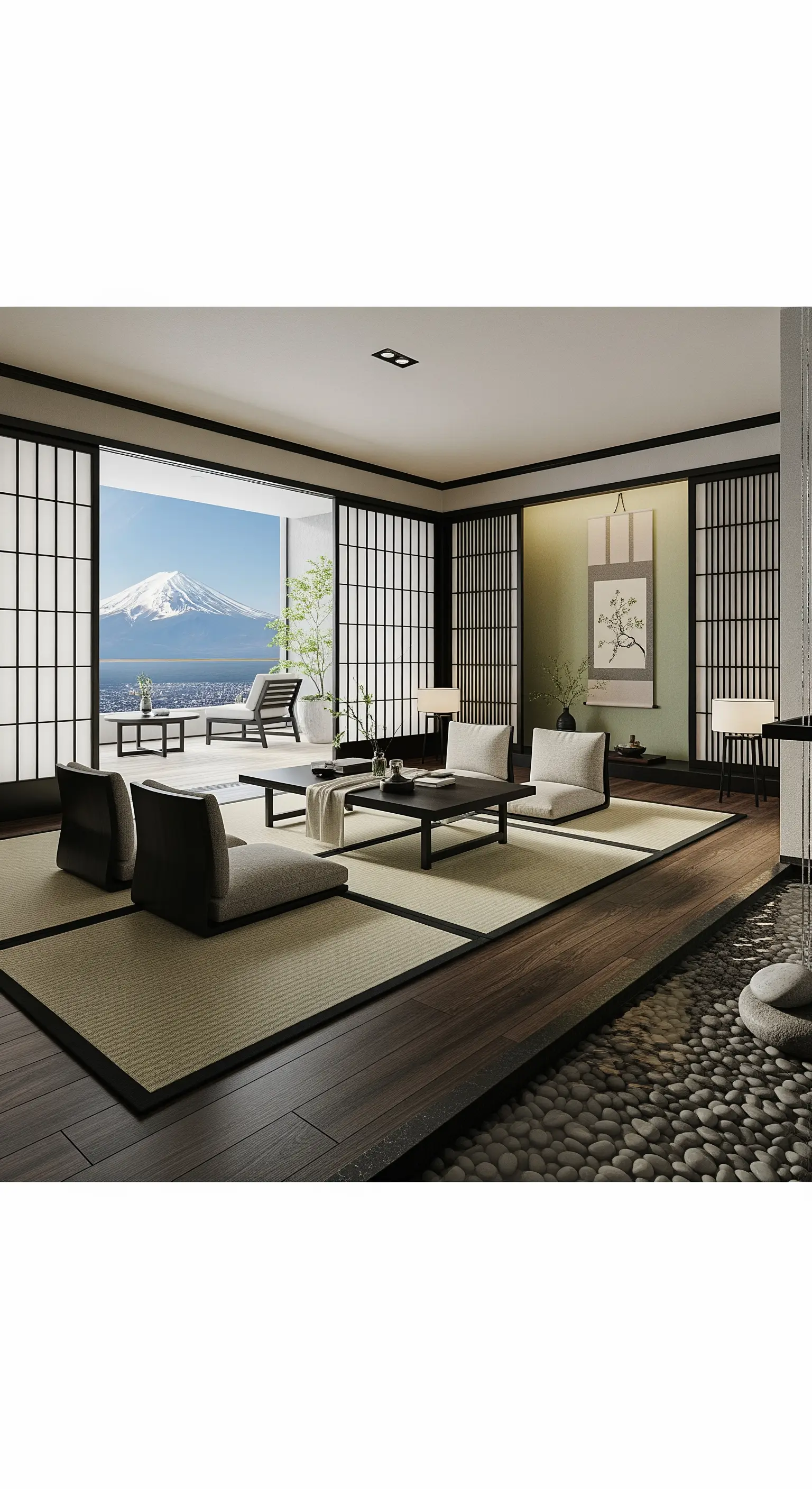 Minimalistisches Wohnzimmer im Japandi-Stil mit Tatami-Matten und Blick auf den Fuji.