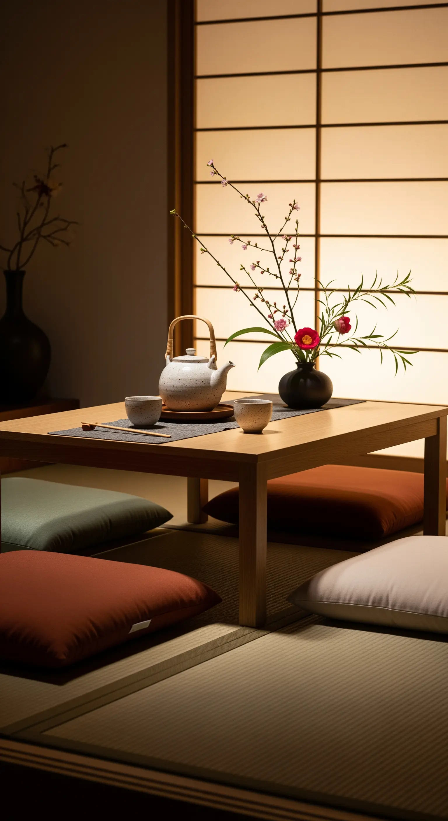 Ein niedriger Holztisch mit Teekanne und Bodenkissen im minimalistischen Japandi-Stil.