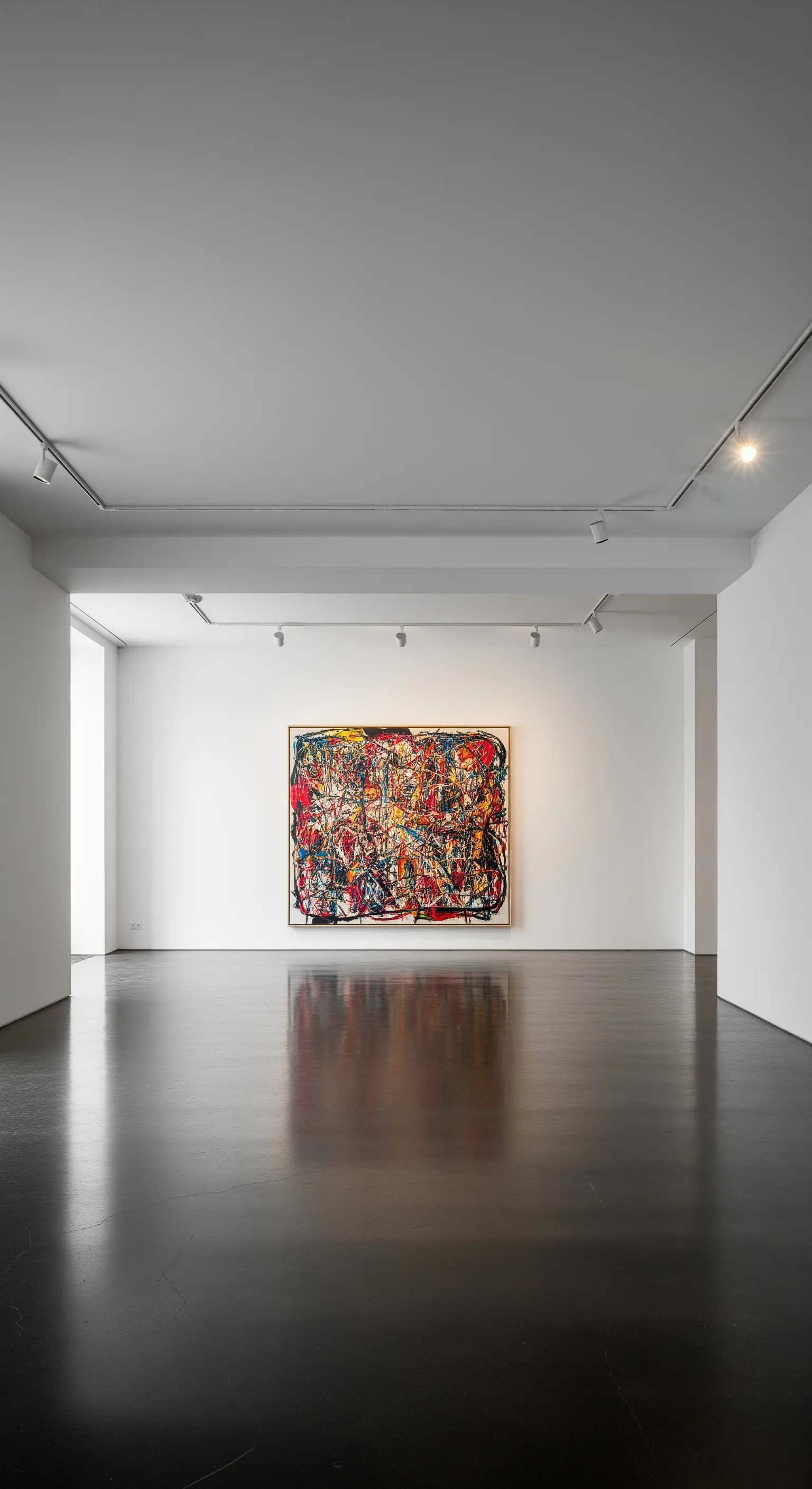 Weißer, galerieartiger Raum mit einem einzigen großen, abstrakten Gemälde.