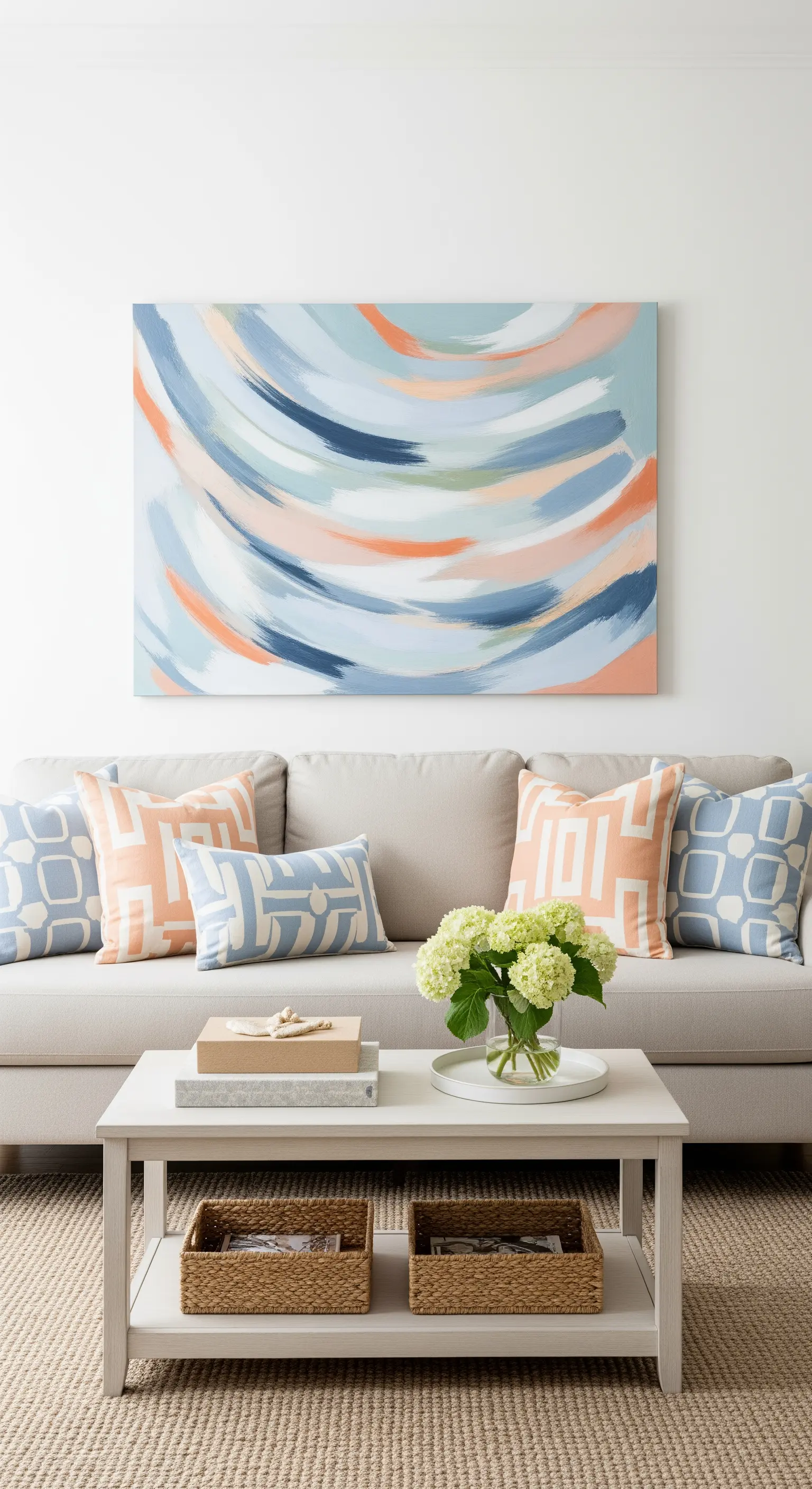 Beigefarbenes Sofa mit Kissen in den Farben des darüber hängenden abstrakten Gemäldes.