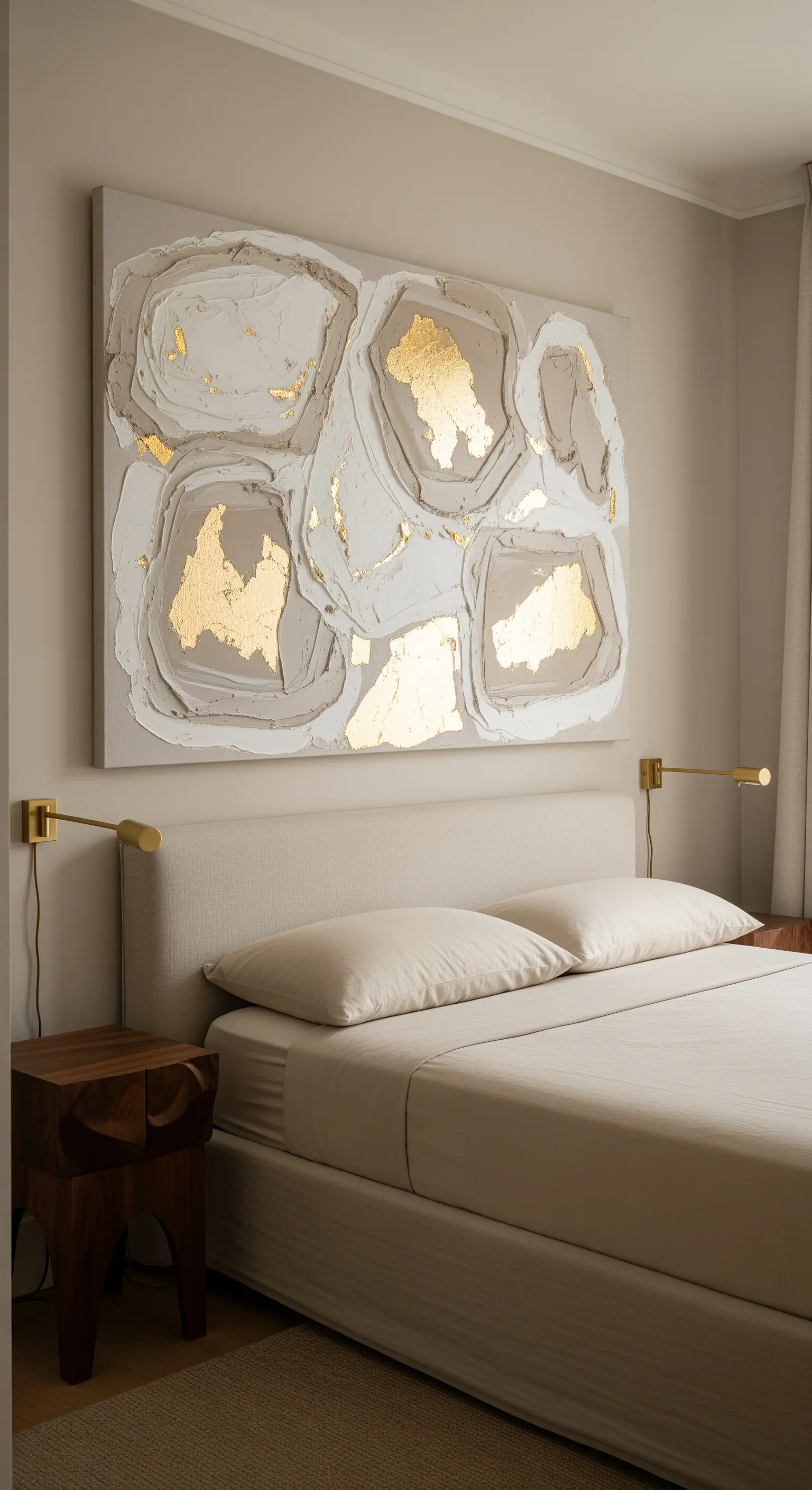Minimalistisches Schlafzimmer mit großem, texturiertem Kunstwerk mit Goldakzenten über dem Bett.