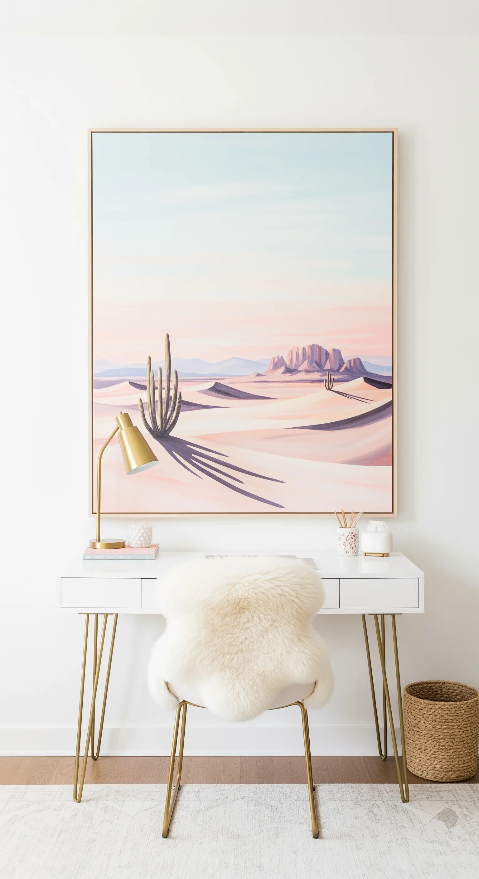 Weißer Schreibtisch mit goldenen Beinen und einem großen, hellen Landschaftsgemälde darüber.