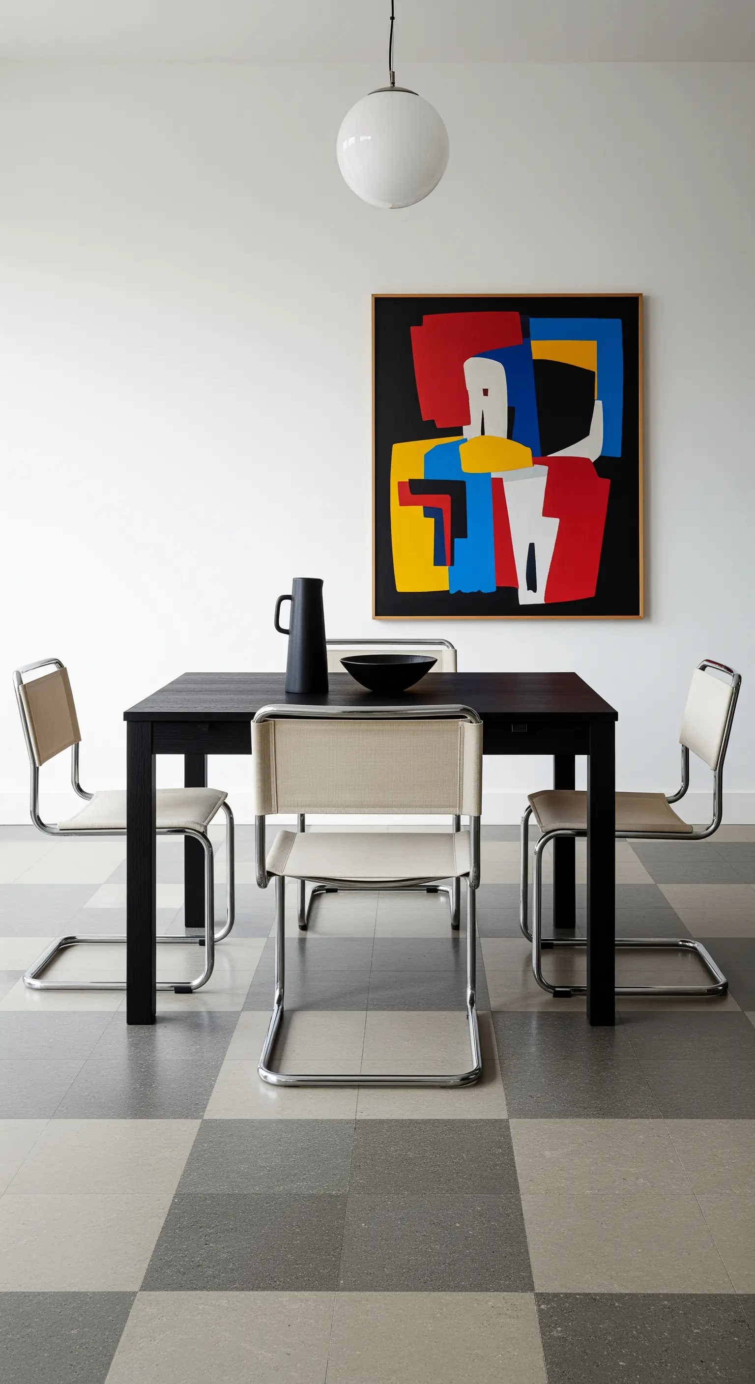 Essbereich mit schwarzem Tisch und Bauhaus-Stühlen vor einer weißen Wand mit einem großen, bunten Kunstwerk.