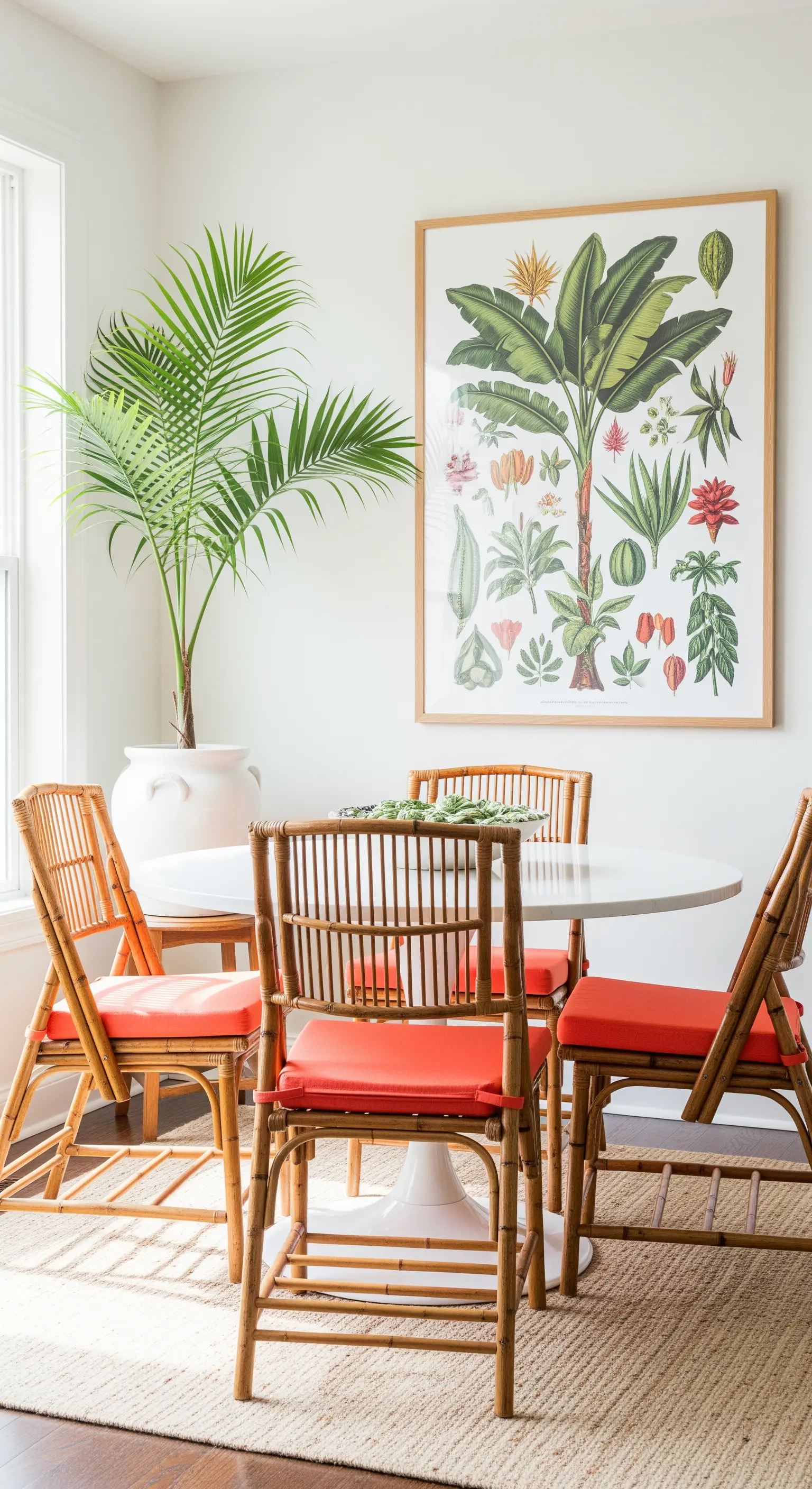 Essecke mit Bambusstühlen, botanischem Wandbild und roten Sitzkissen