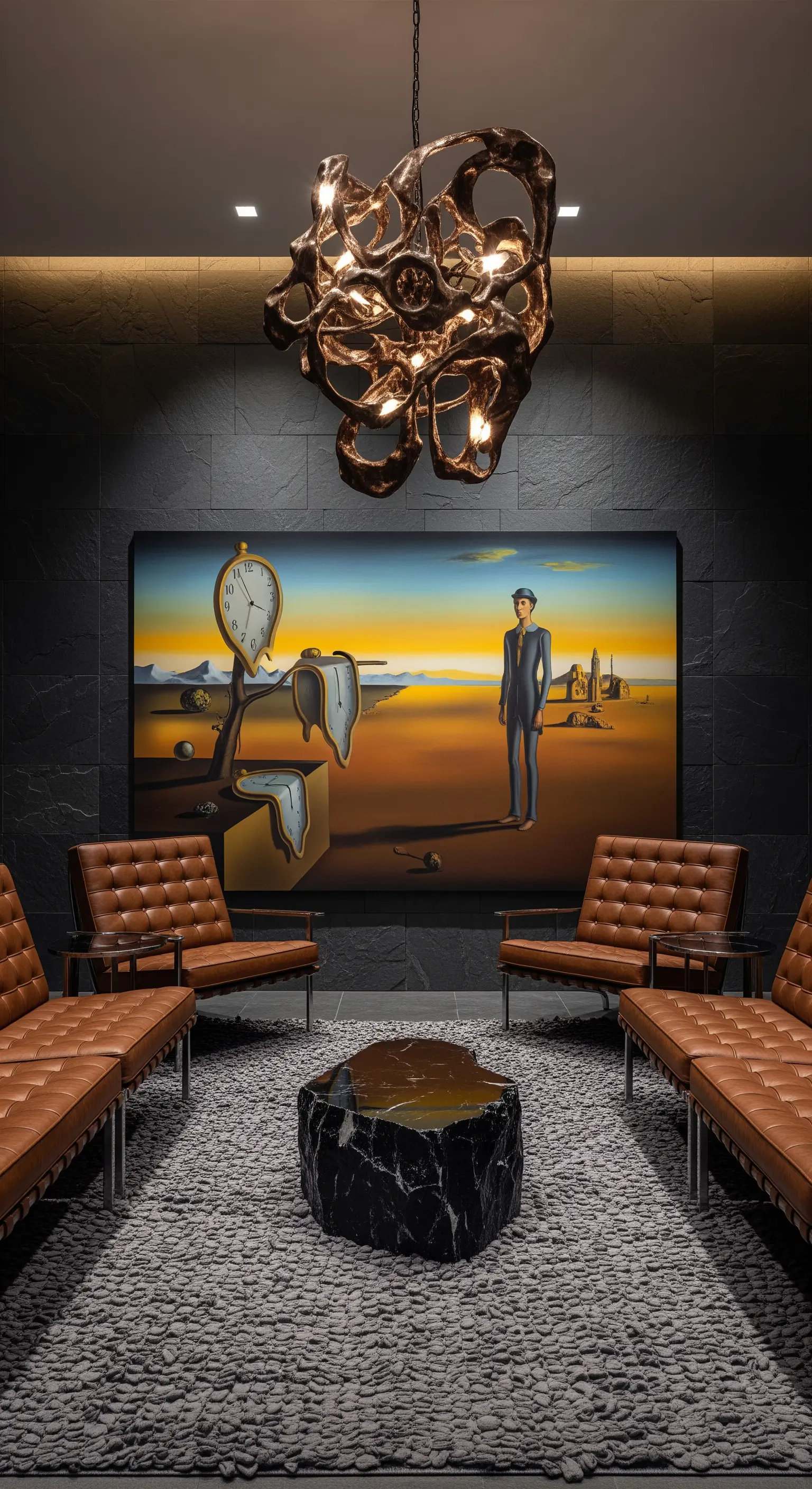 Surreale Kunst an dunkler Steinwand mit braunen Sesseln