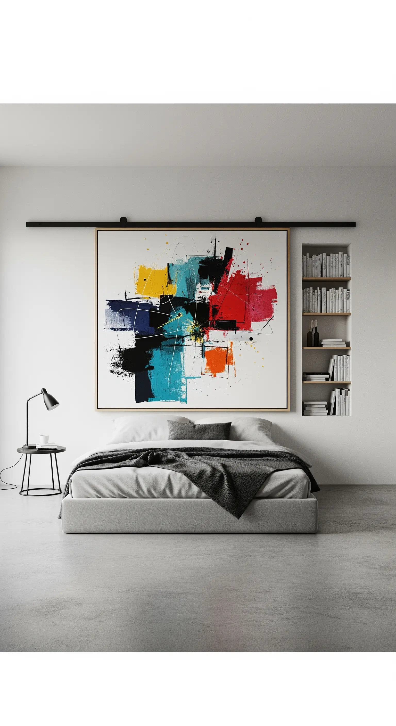 Minimalistisches Schlafzimmer, in dem ein großes Kunstwerk ein Wandregal verdeckt.