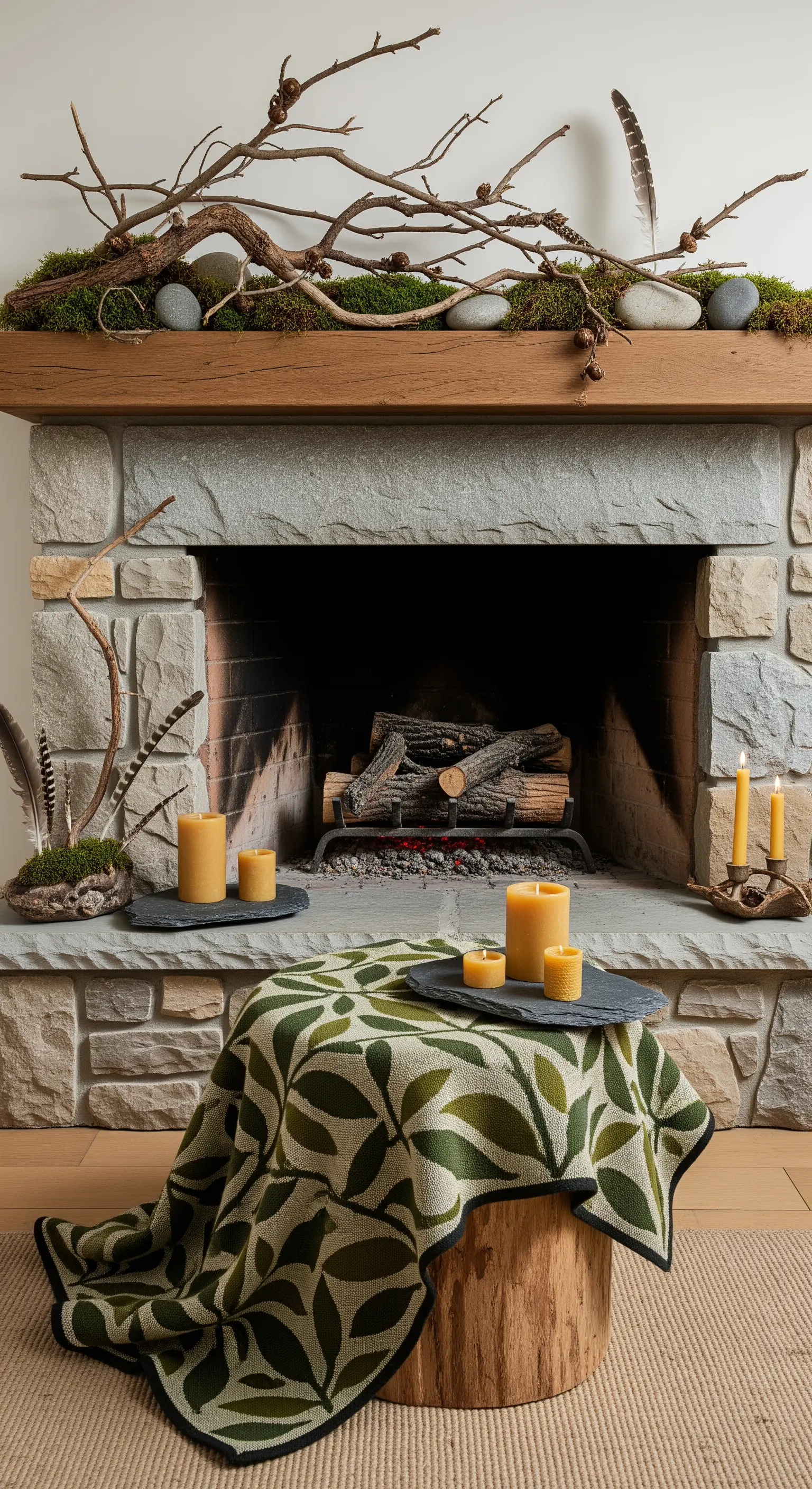 Kamin-Deko mit Moos, Ästen, Federn und Bienenwachskerzen auf Schieferplatten.