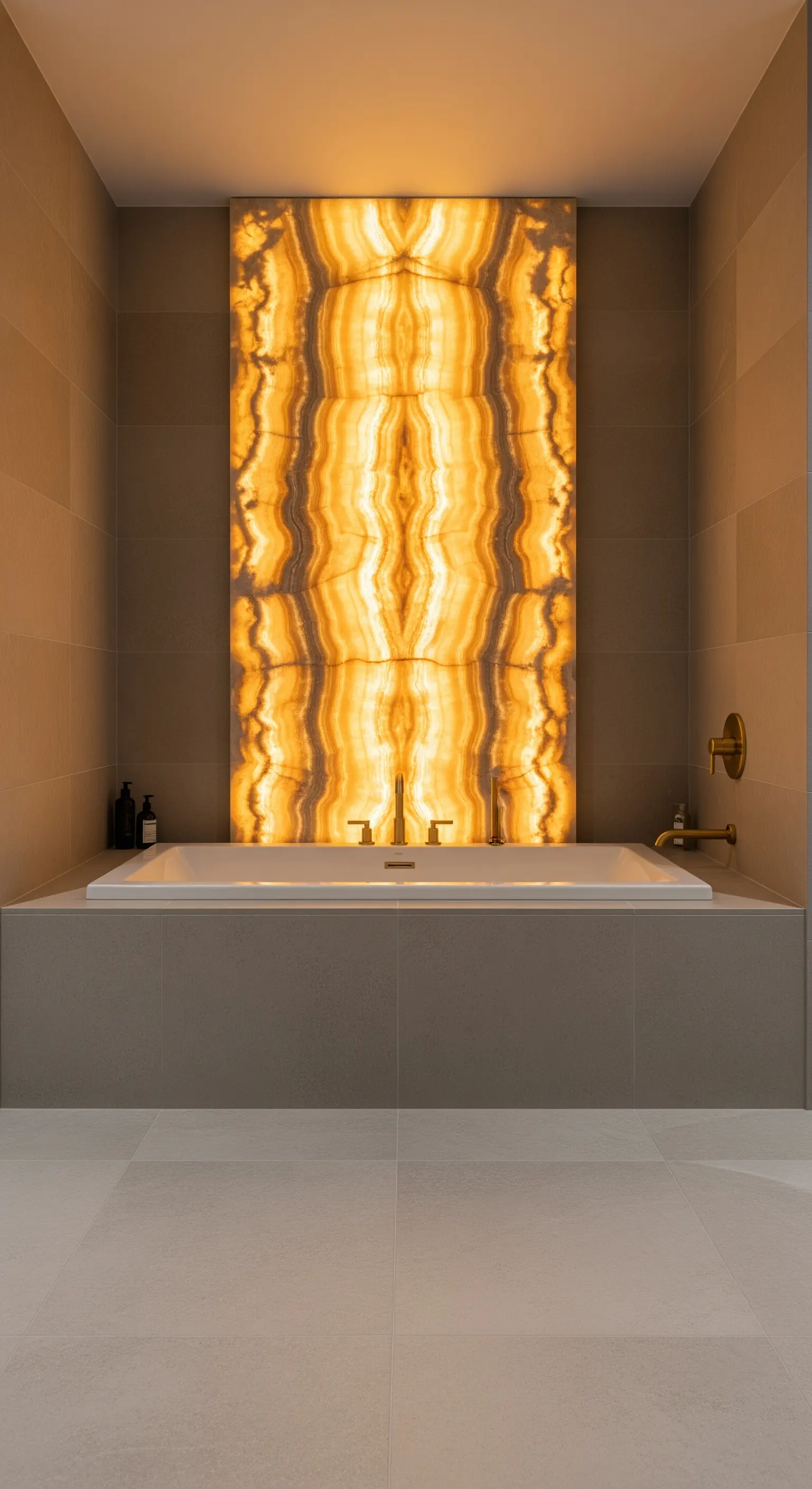 Badewanne vor einer hinterleuchteten Onyx-Marmorwand als dramatischer Akzent.