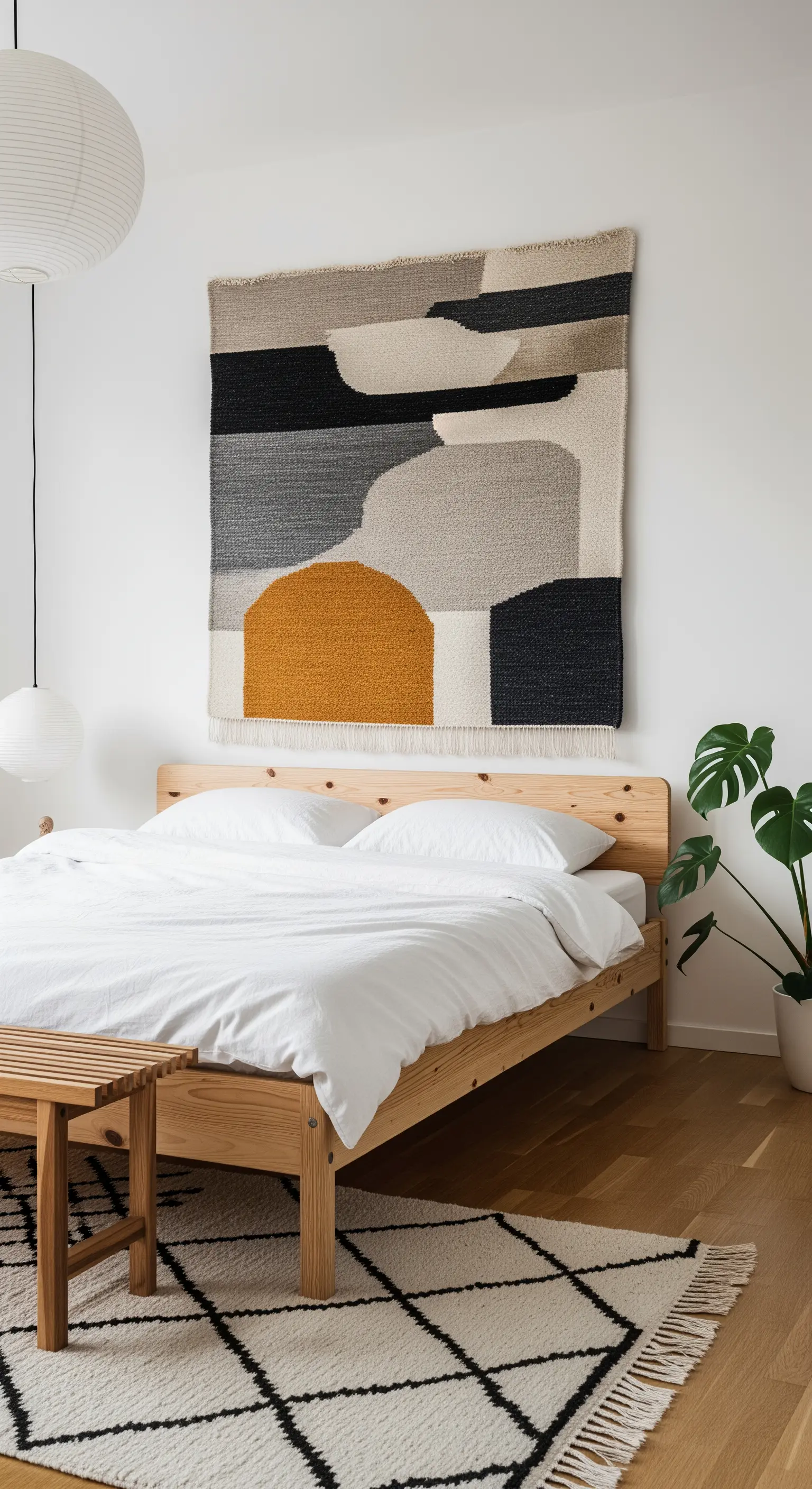 Großer gewebter Wandteppich mit abstrakten Formen über einem Holzbett in einem minimalistischen Boho-Raum