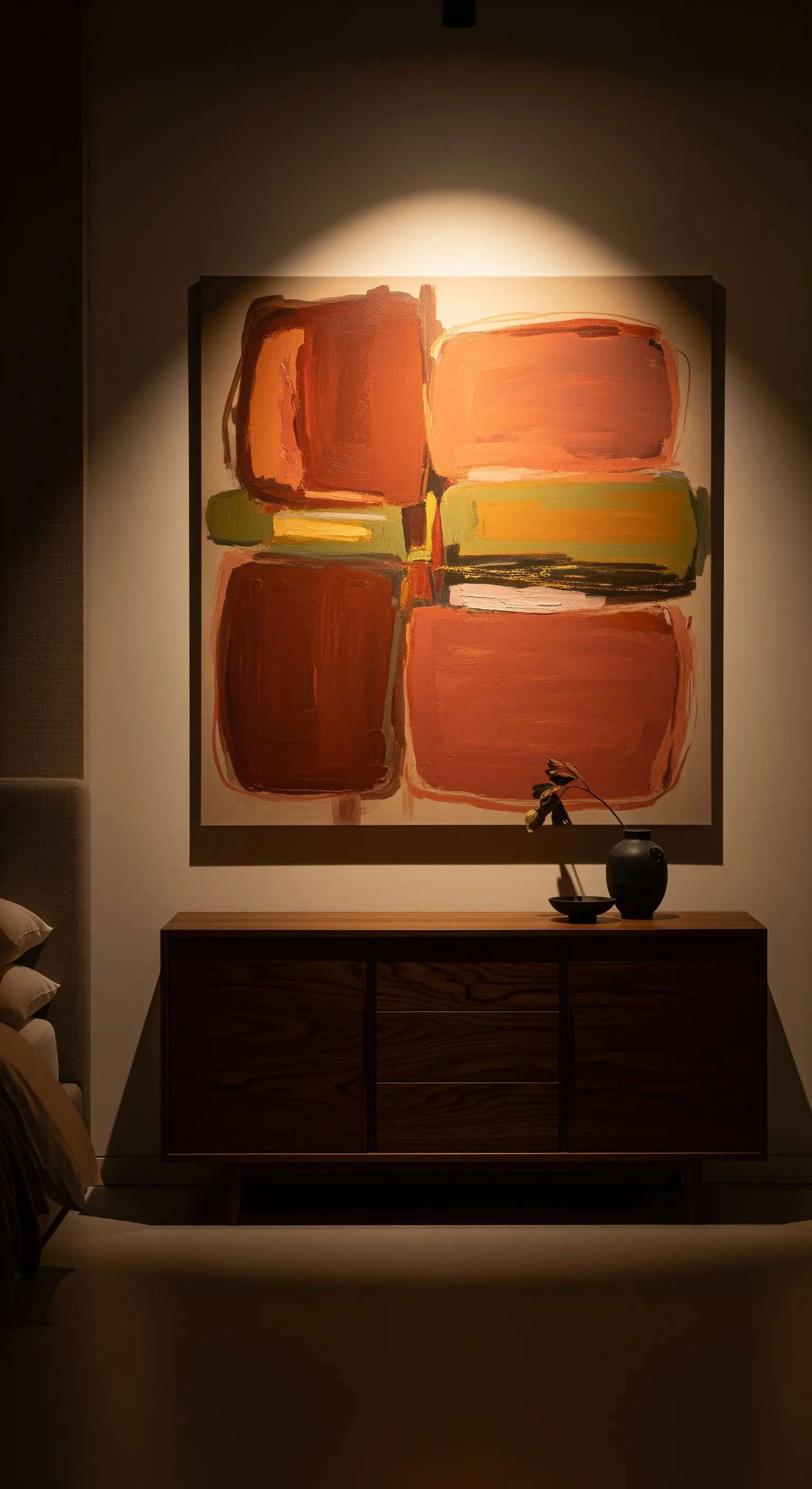 Ein großes, abstraktes Gemälde über einer Holzkommode, angestrahlt von einem Deckenstrahler.