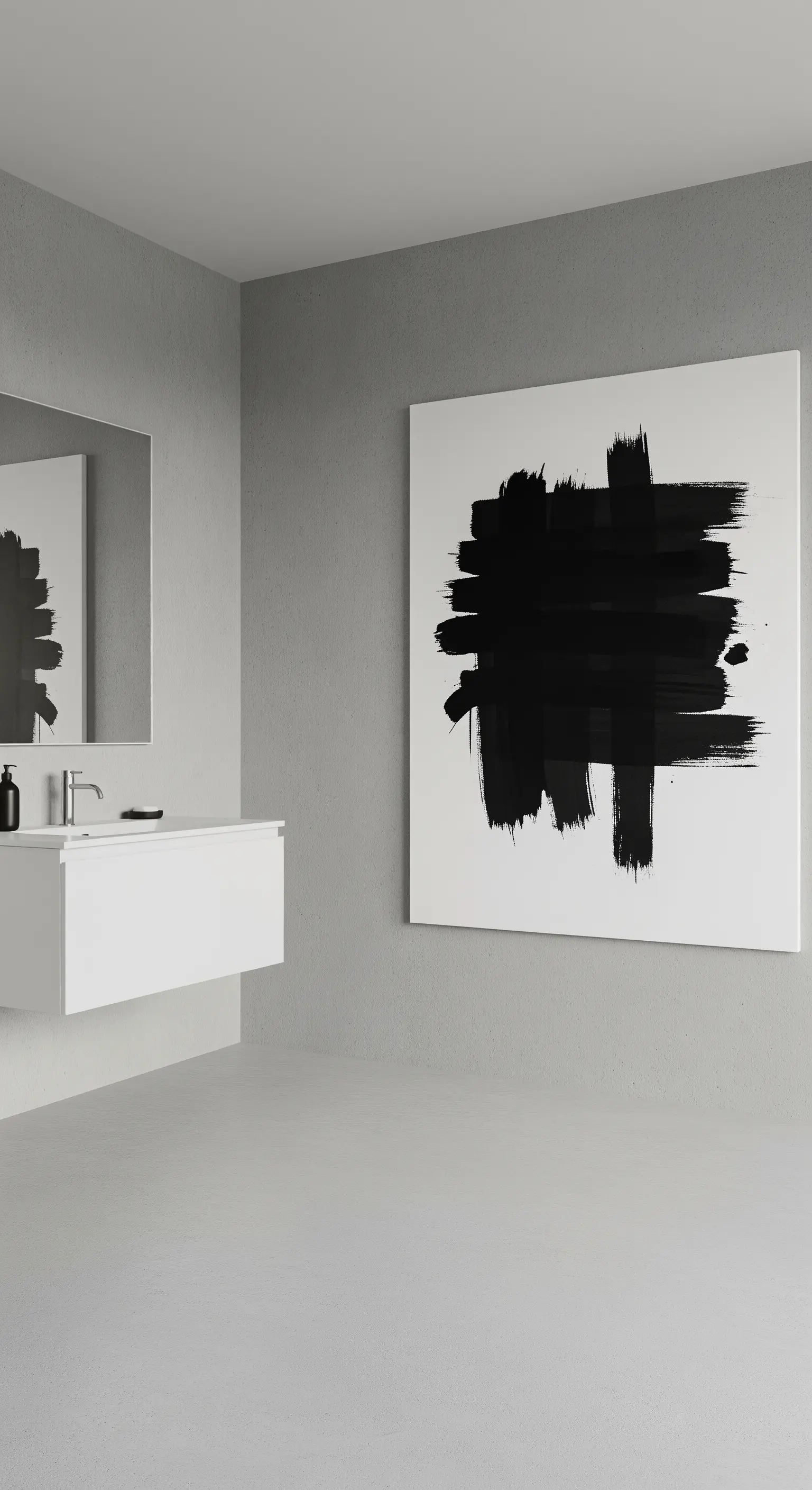 Minimalistisches graues Badezimmer mit einem großen abstrakten Schwarz-Weiß-Gemälde.