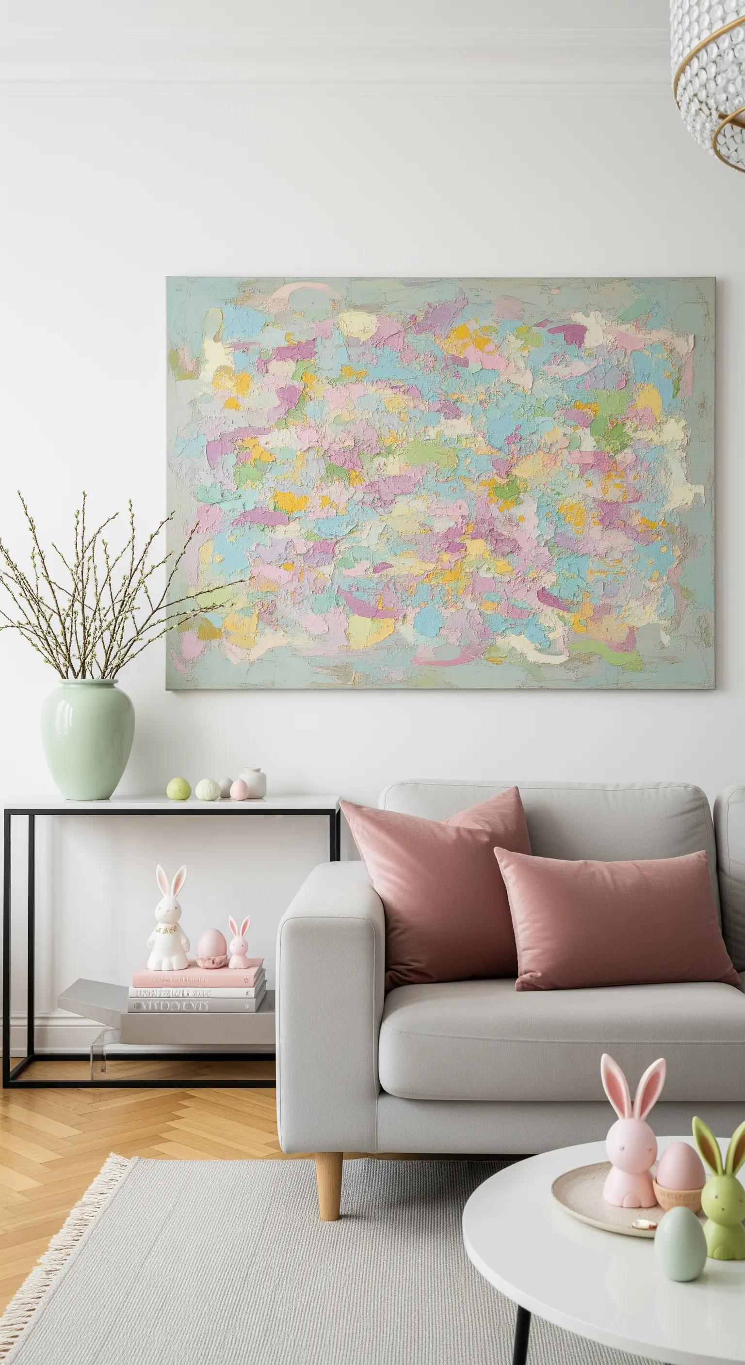 Wohnzimmer mit großem abstraktem Pastell-Gemälde und dazu passenden Kissen und Keramikhasen.
