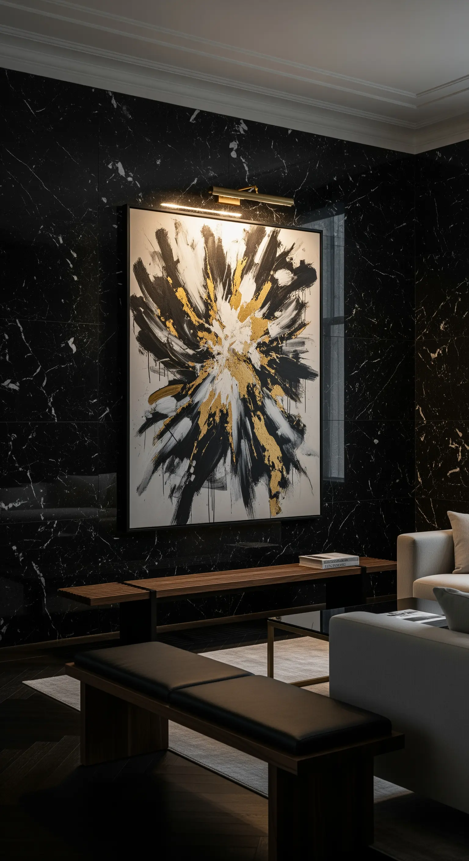 Abstraktes Kunstwerk mit Goldakzenten an einer schwarzen Marmorwand.