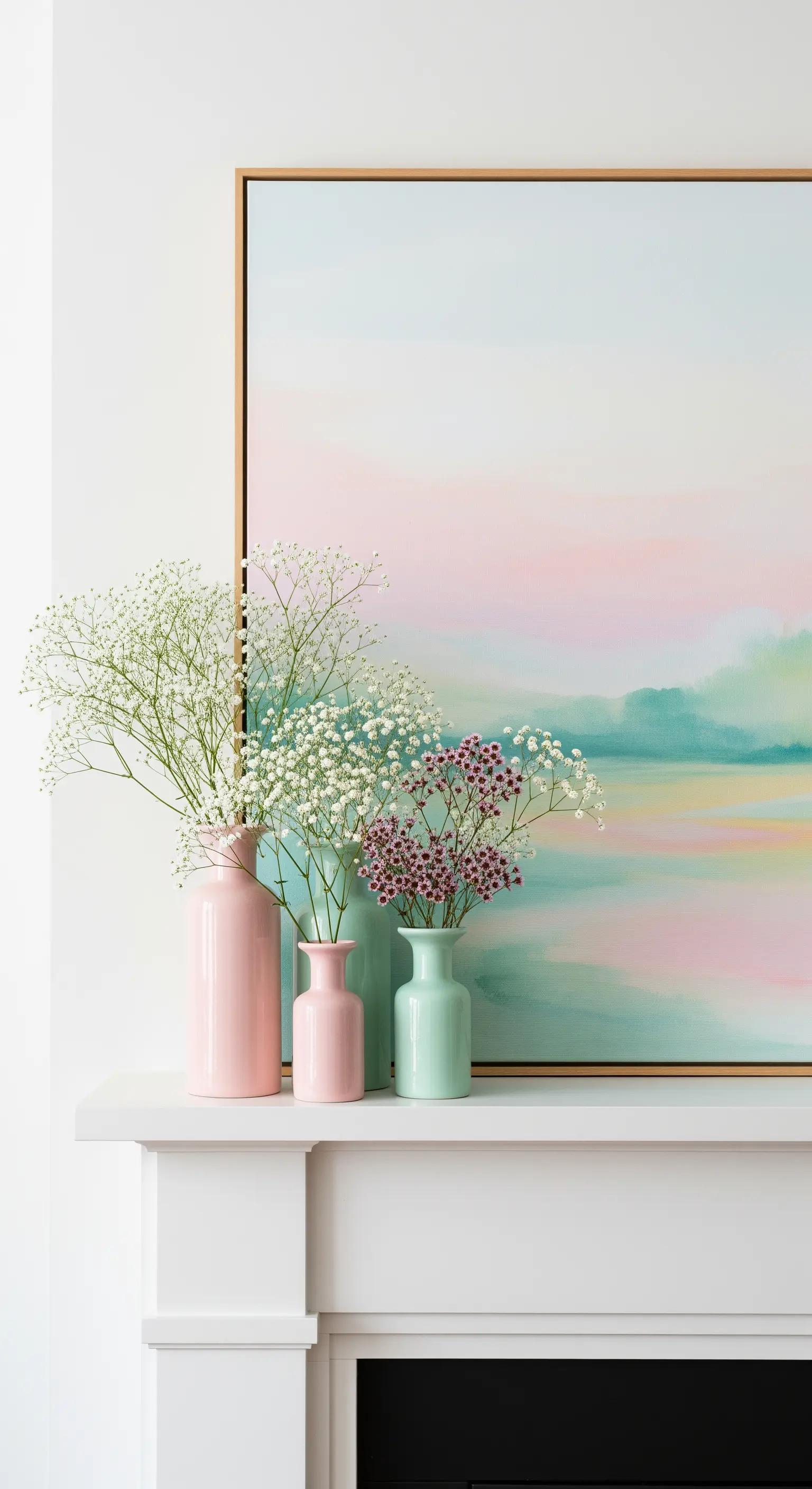 Pastellfarbene Vasen mit Schleierkraut, farblich abgestimmt auf ein abstraktes Gemälde.