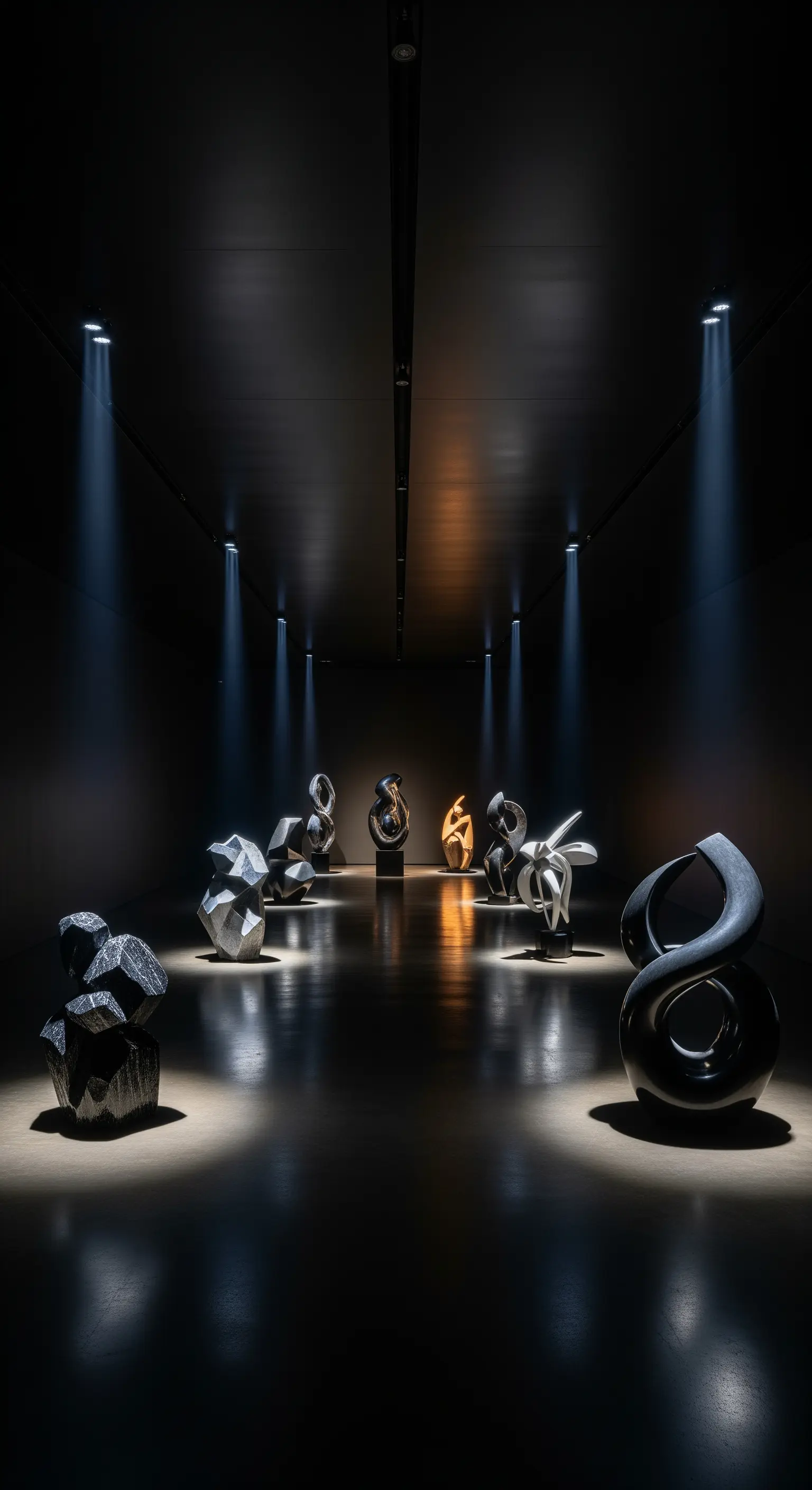 Dunkler Raum mit Strahlern, die verschiedene Skulpturen beleuchten