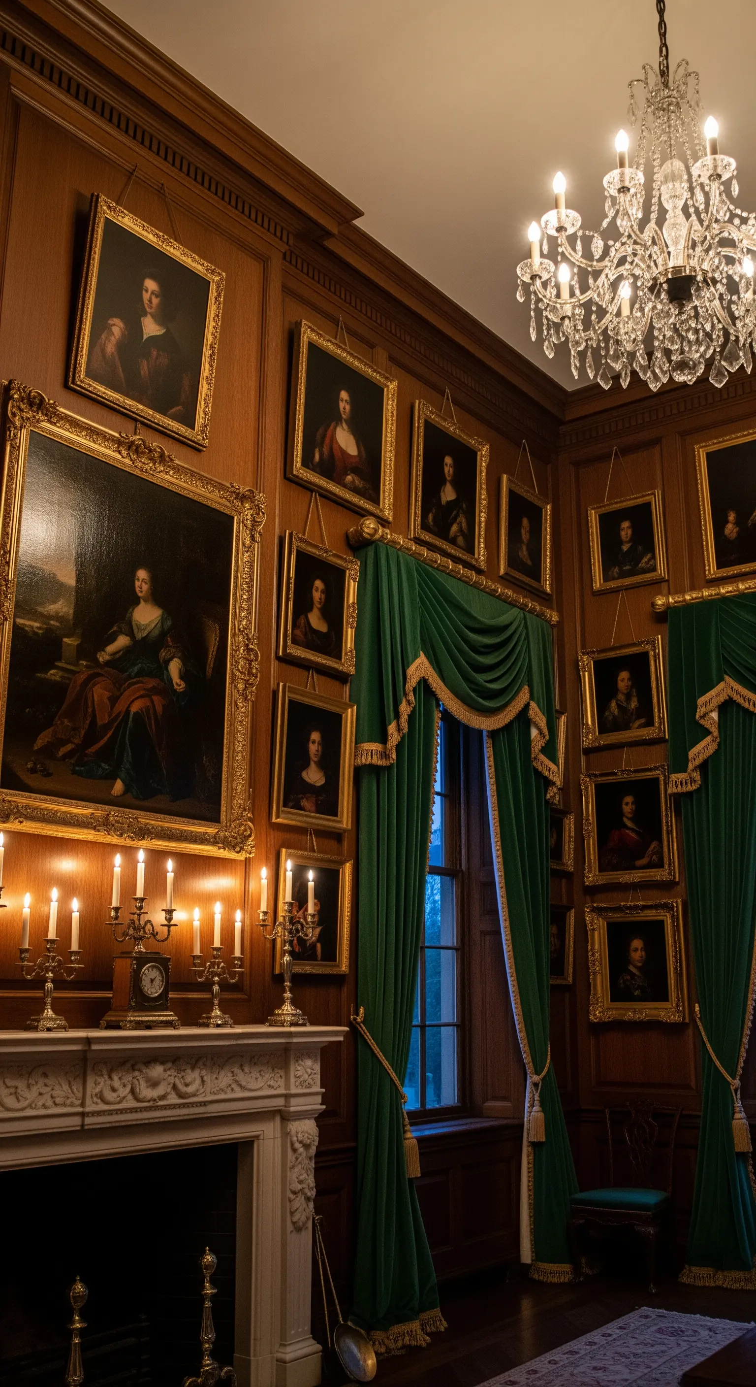 Kunstgalerie-Wohnzimmer mit Holzpaneelen, Porträts, grünen Samtvorhängen und Kronleuchter
