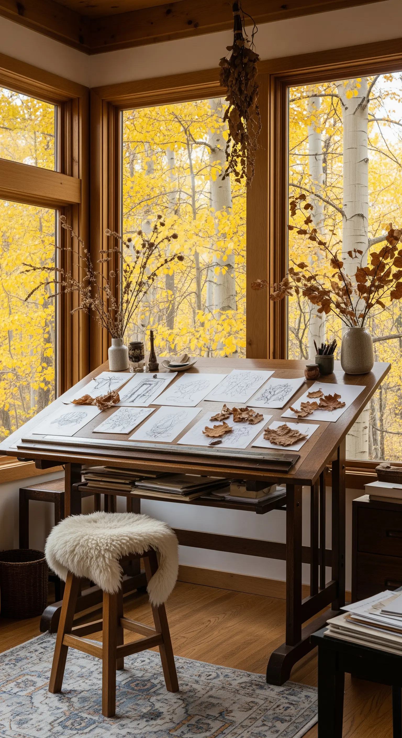 Künstleratelier, Herbstfenster, getrocknete Äste, Fellhocker, Kreativraum