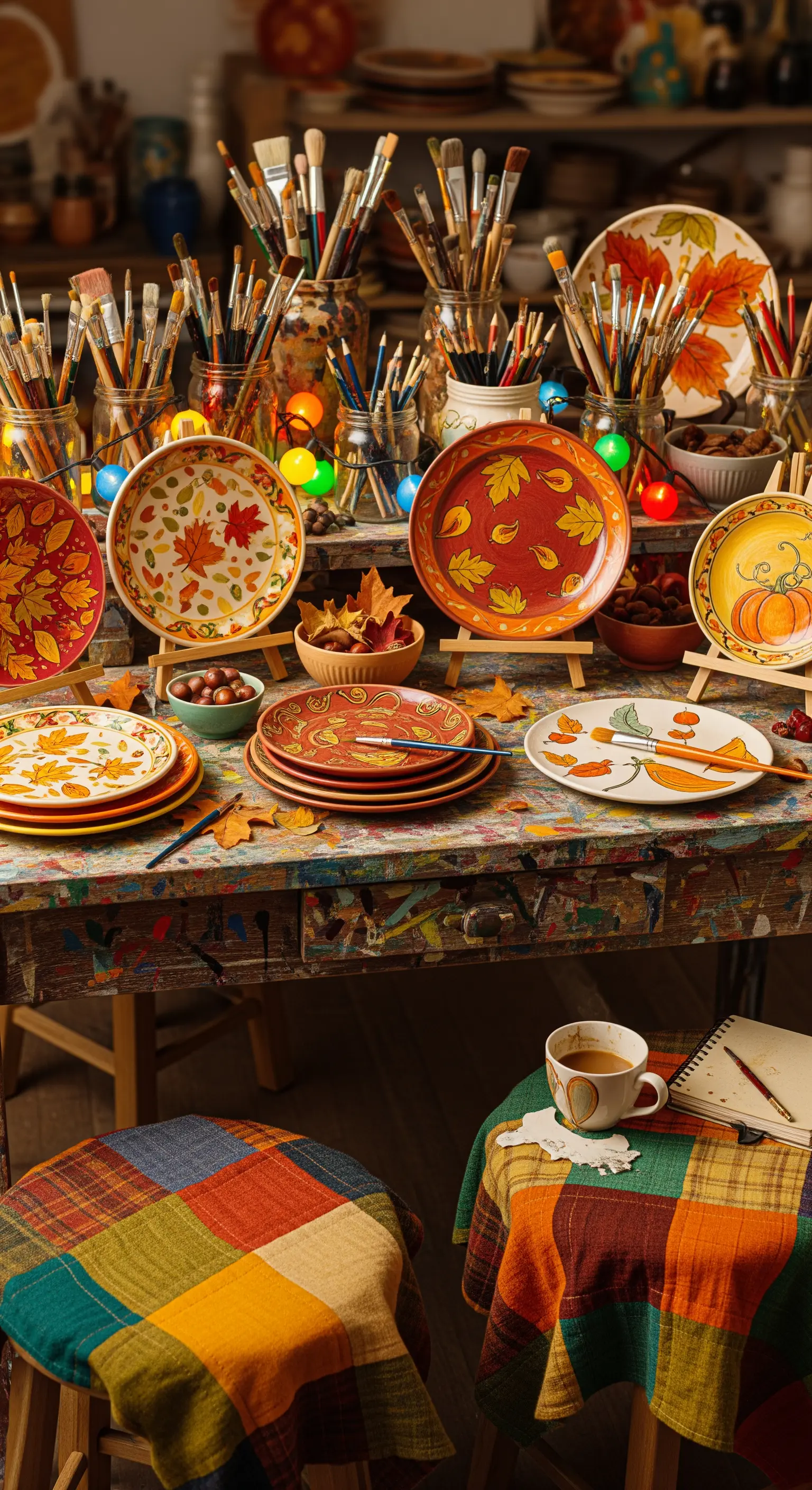 Künstler-Herbstdeko, bemalte Keramik, Pinsel, bunte Lichterketten, Herbstblätter.