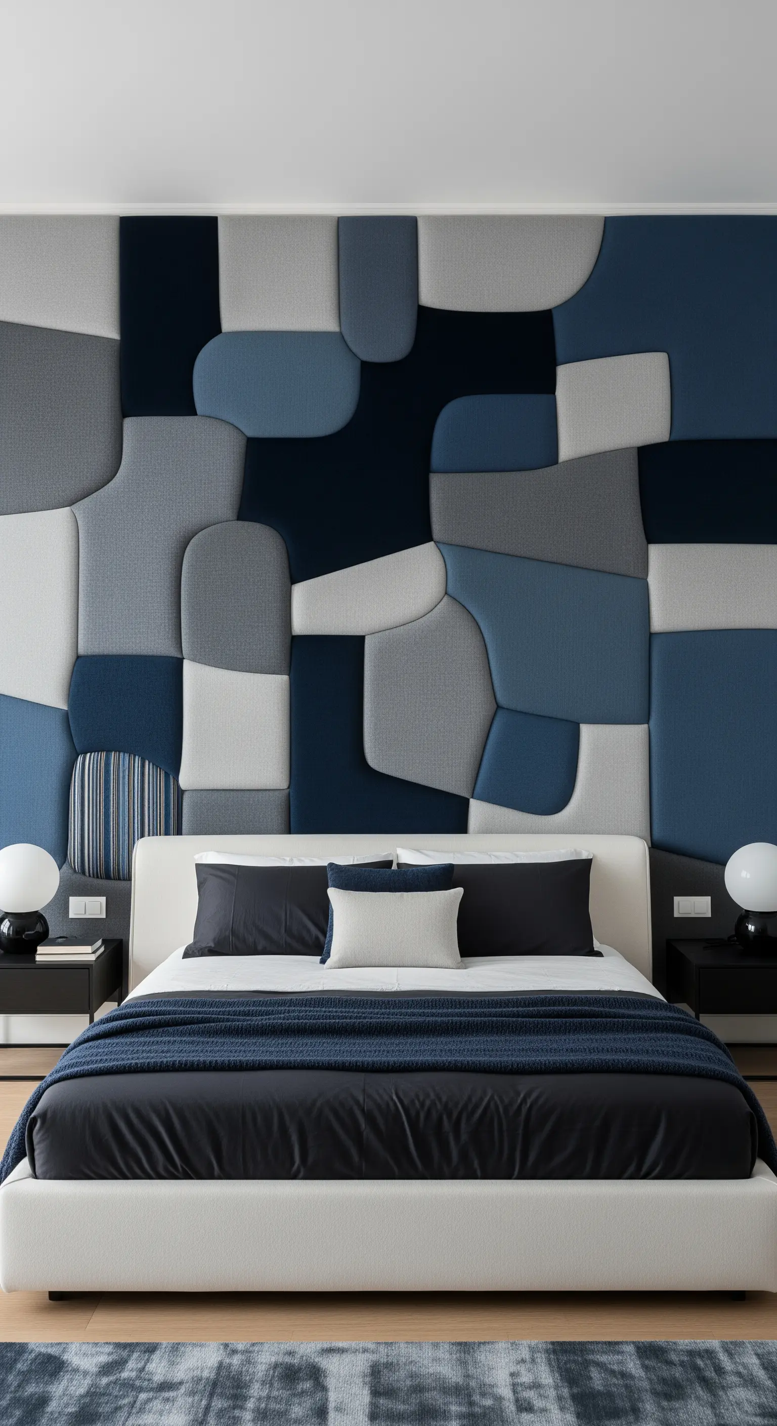 Abstrakte Wandverkleidung aus gepolsterten Paneelen in organischen Formen und Blautönen.