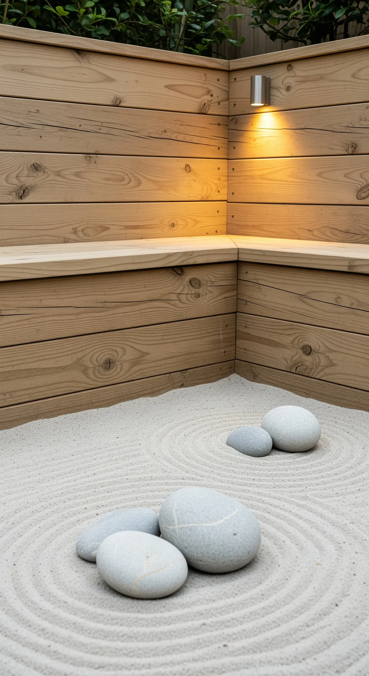 Japandi Sandgarten mit Steingruppen und geharkten Kreisen