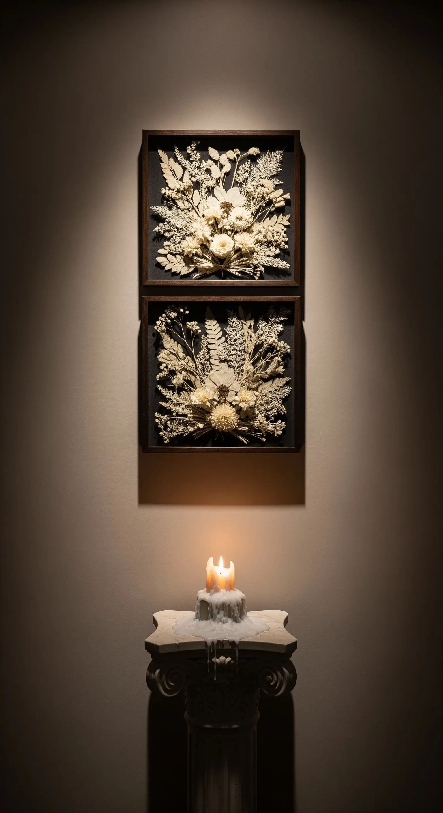Gerahmte botanische Kunstwerke über Kerze auf einem Podest.