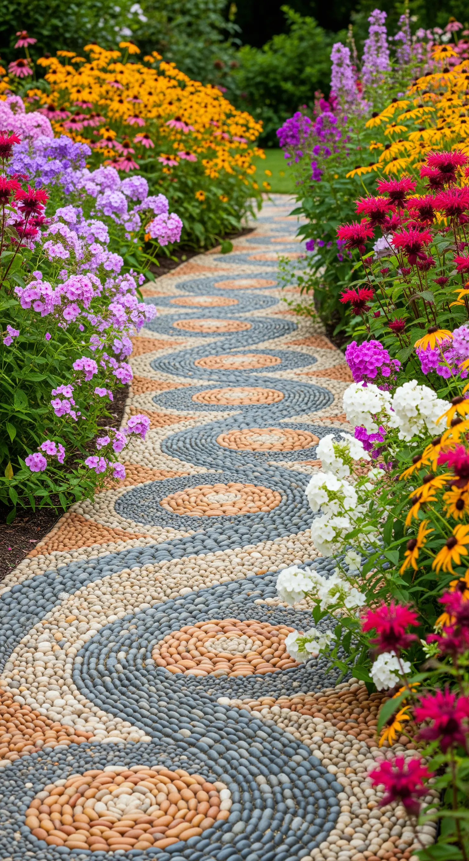 Mosaik-Kieselweg in Wellenform mit bunten Blumenbeeten