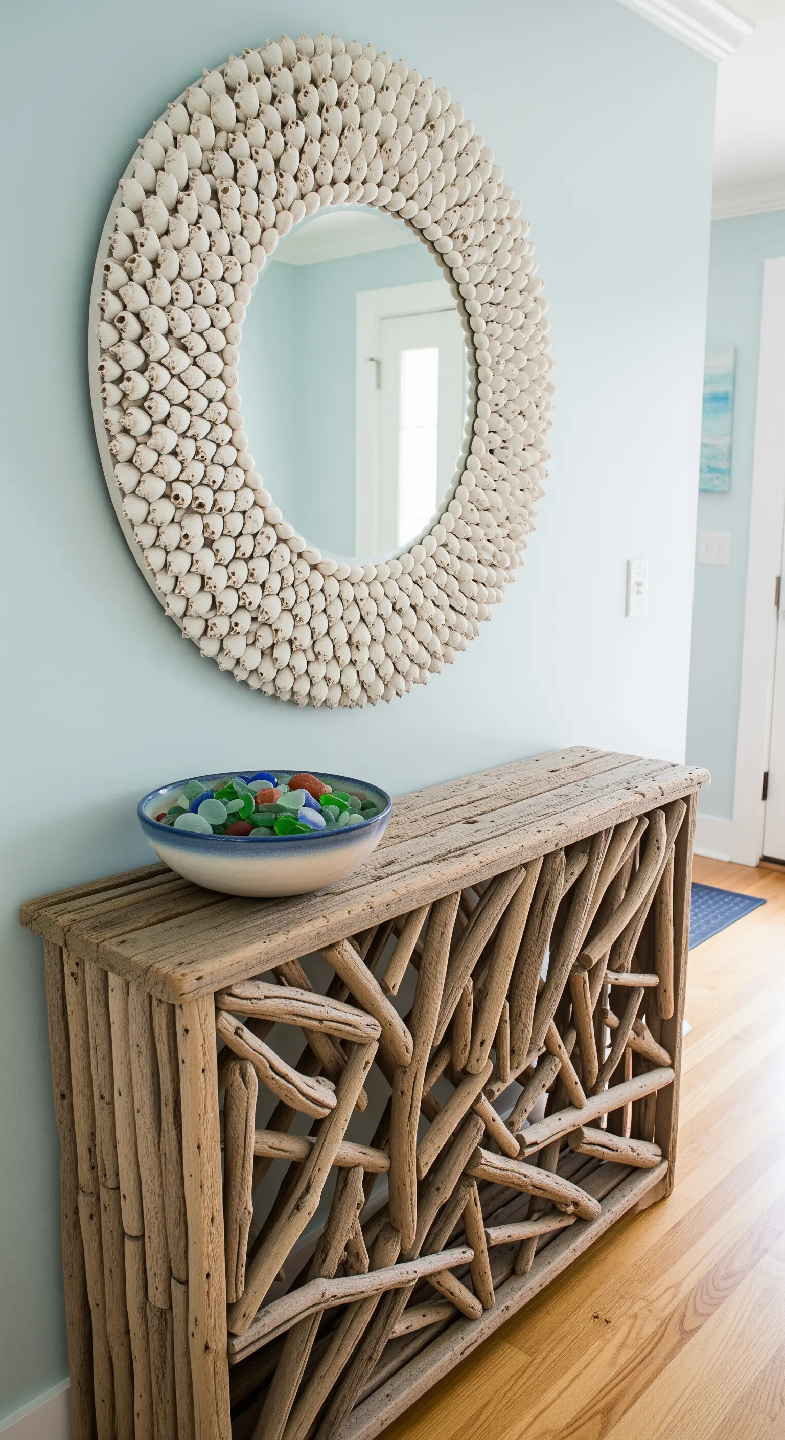 Muschelspiegel über Treibholz-Konsole im Küstenstil-Eingangsbereich