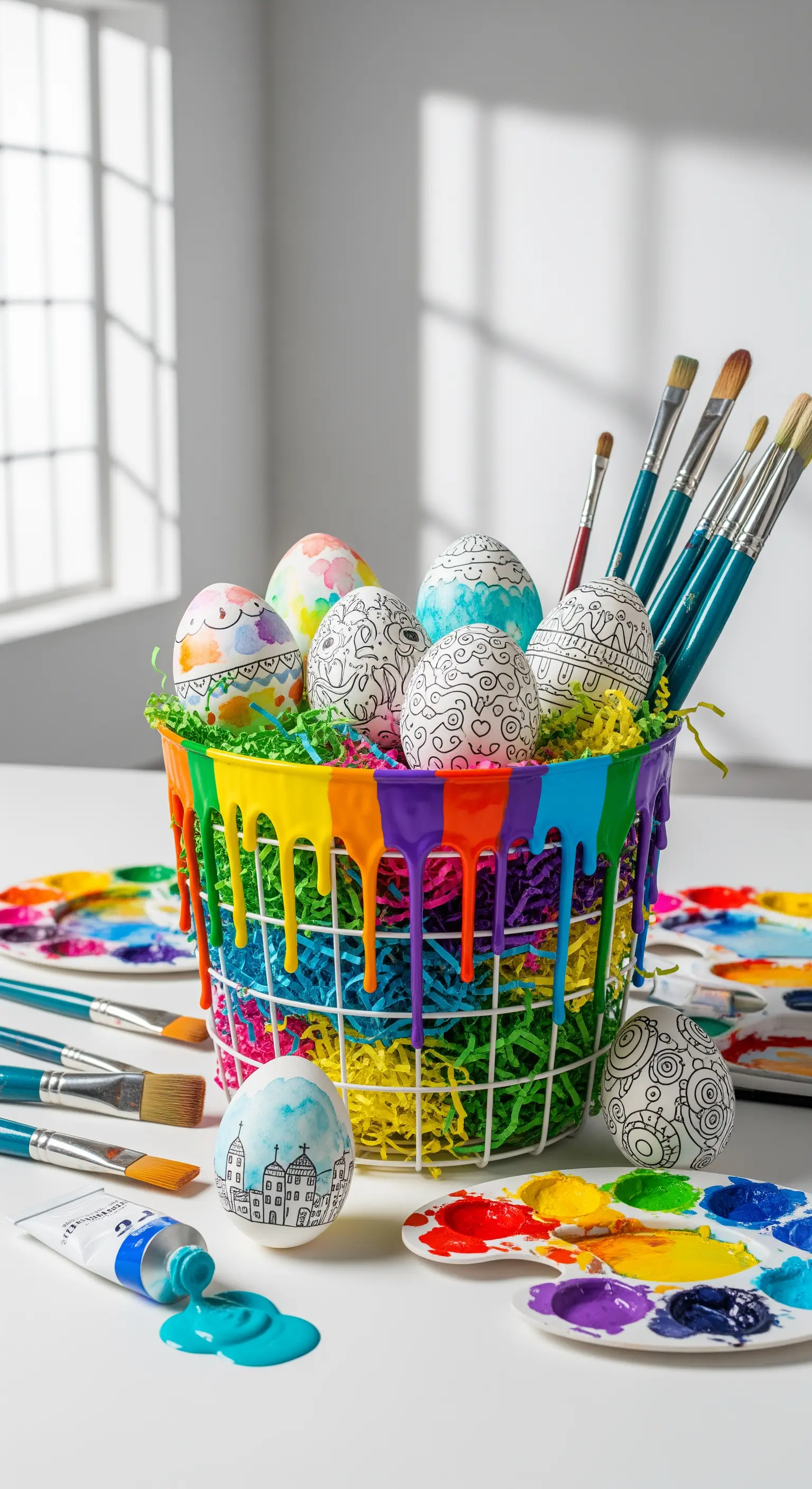 Weißer Drahtkorb mit Farb-Tropfen-Effekt, bunten Eiern und Pinseln auf Maltisch