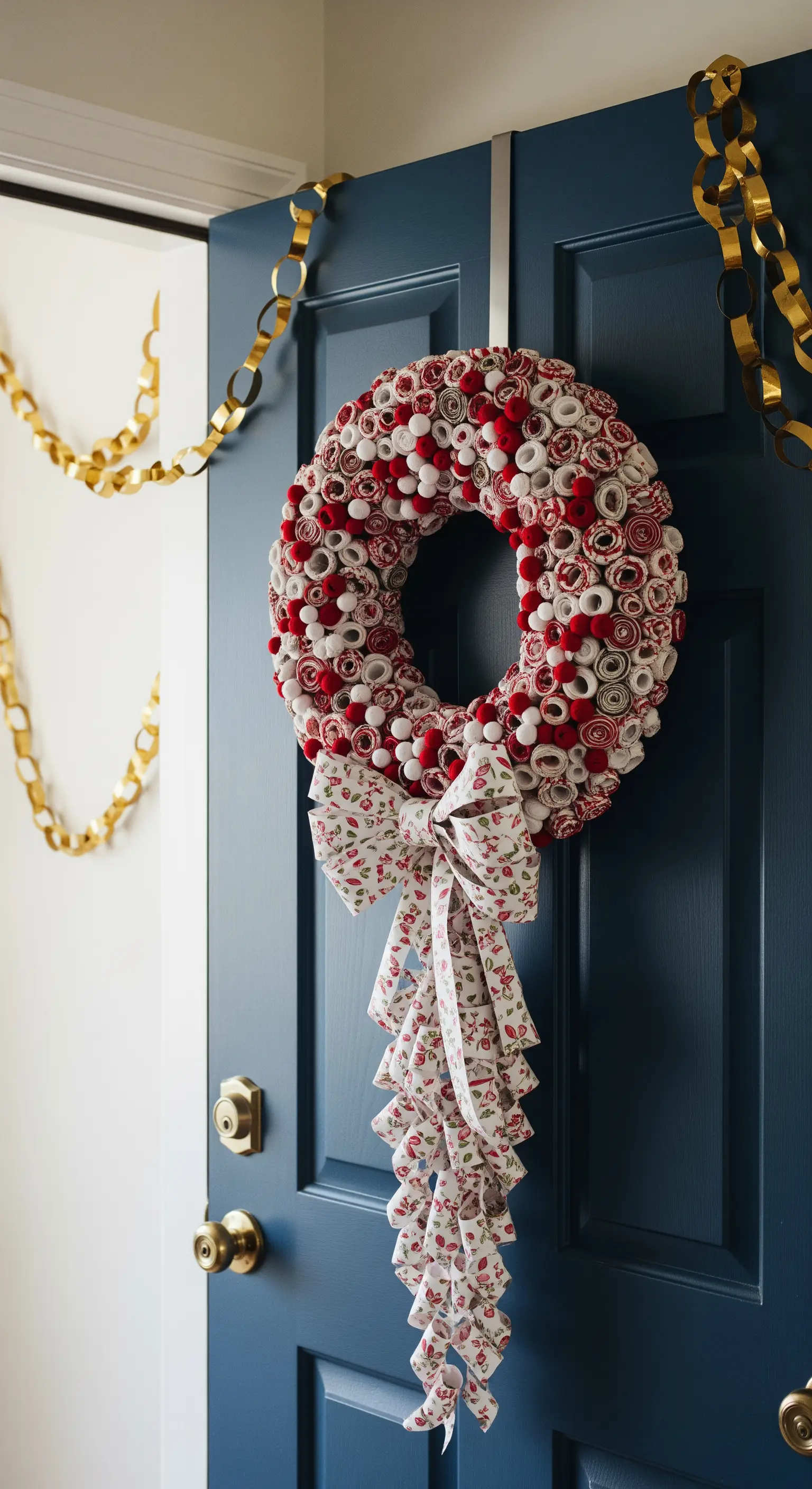 Türkranz aus gerollten Papierröllchen mit gemusterter Stoffschleife