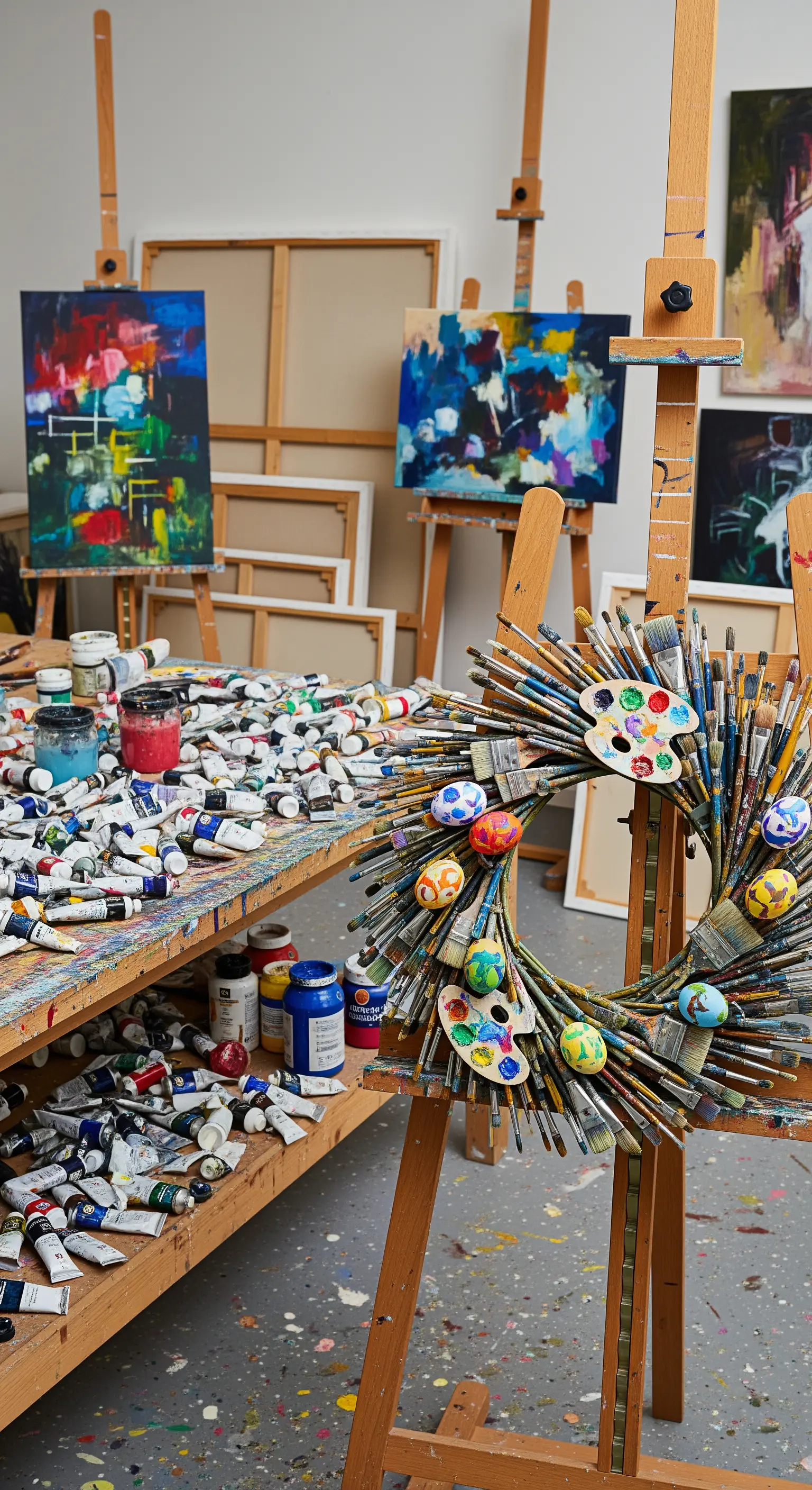 Kranz aus Pinseln und bunten Ostereiern im Atelier
