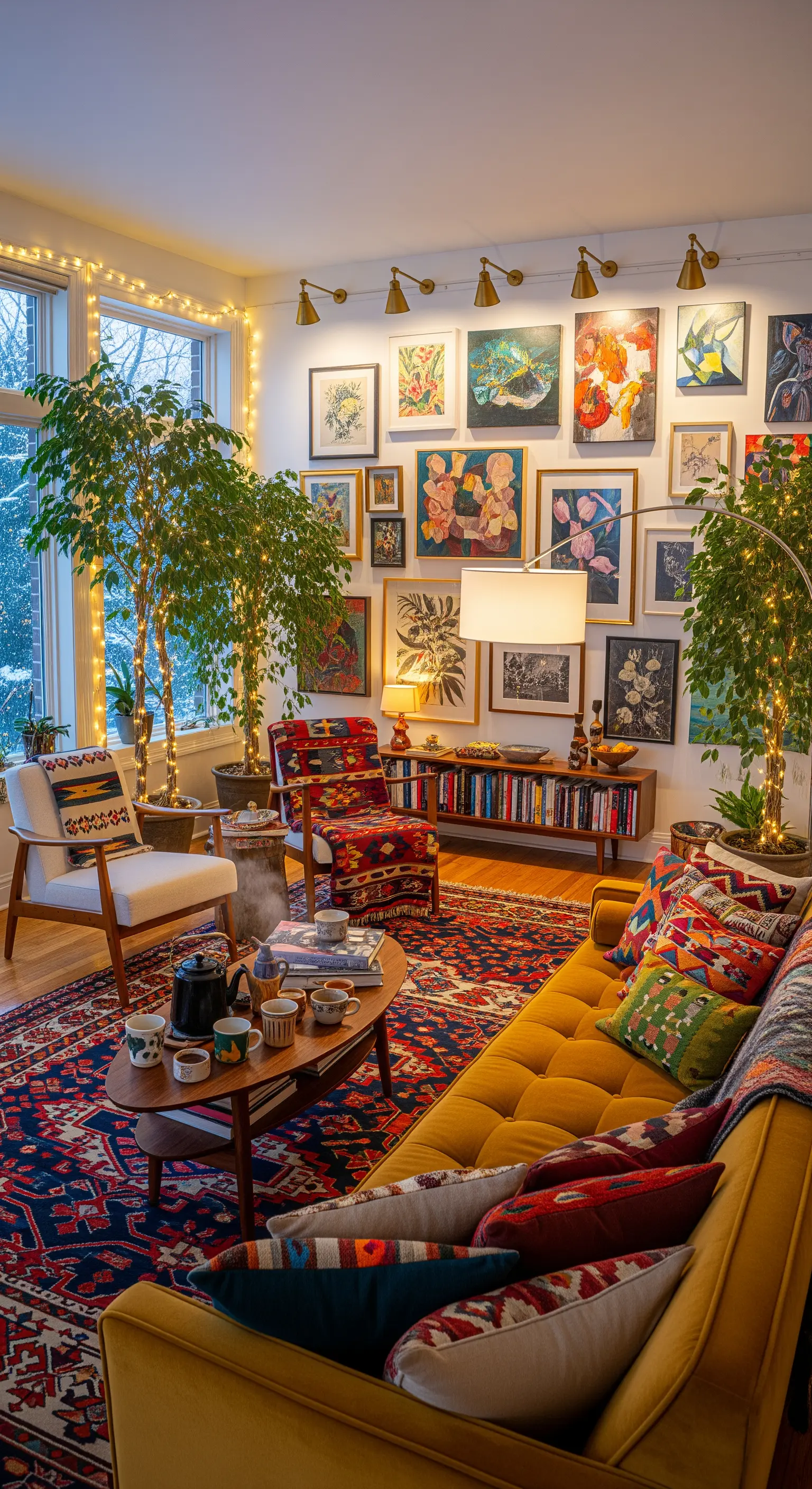 Boho-Wohnzimmer mit Galerie-Wand, vielen Pflanzen mit Lichterketten, gelbem Sofa und gemusterten Teppichen.