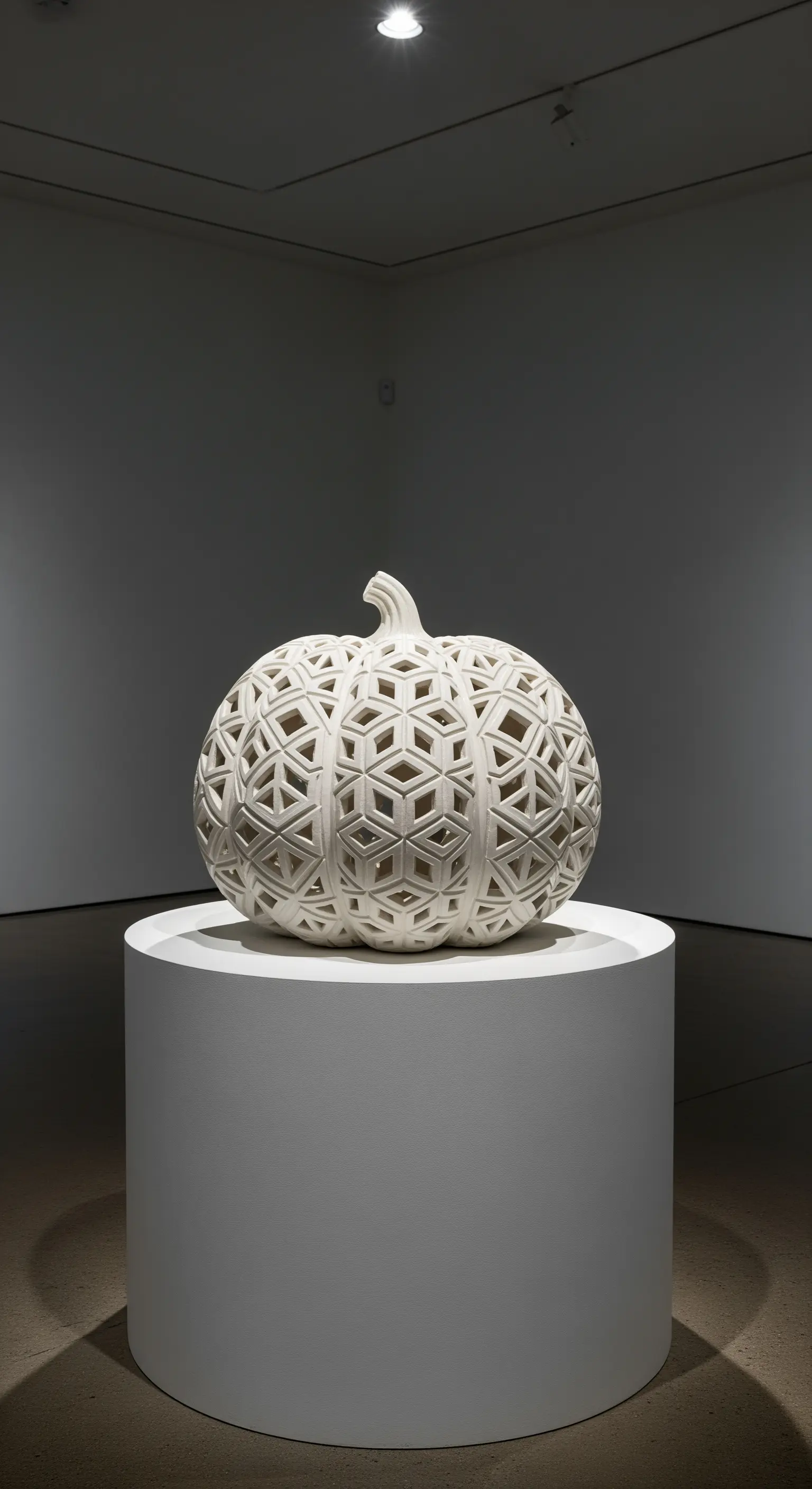 Weißer Keramikkürbis mit geometrischen Schnitzereien auf einem weißen Podest in einer Galerie.