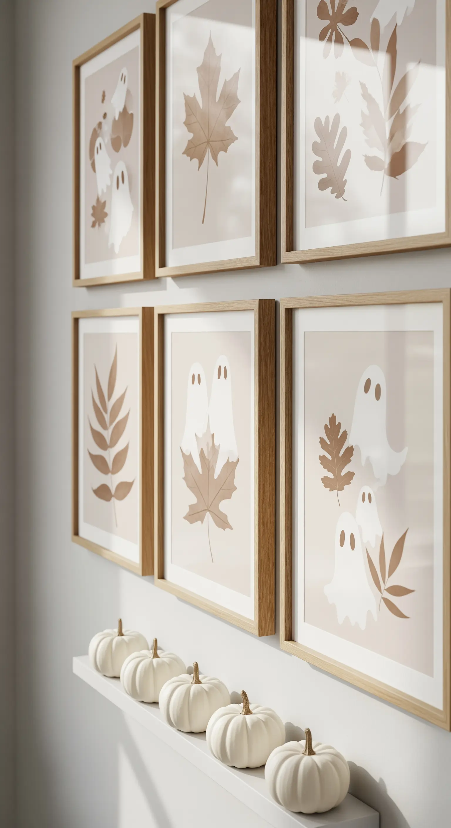 Galerie-Wand mit gerahmten Geister- und Blattmotiven, kleine weiße Kürbisse auf einem Regal.