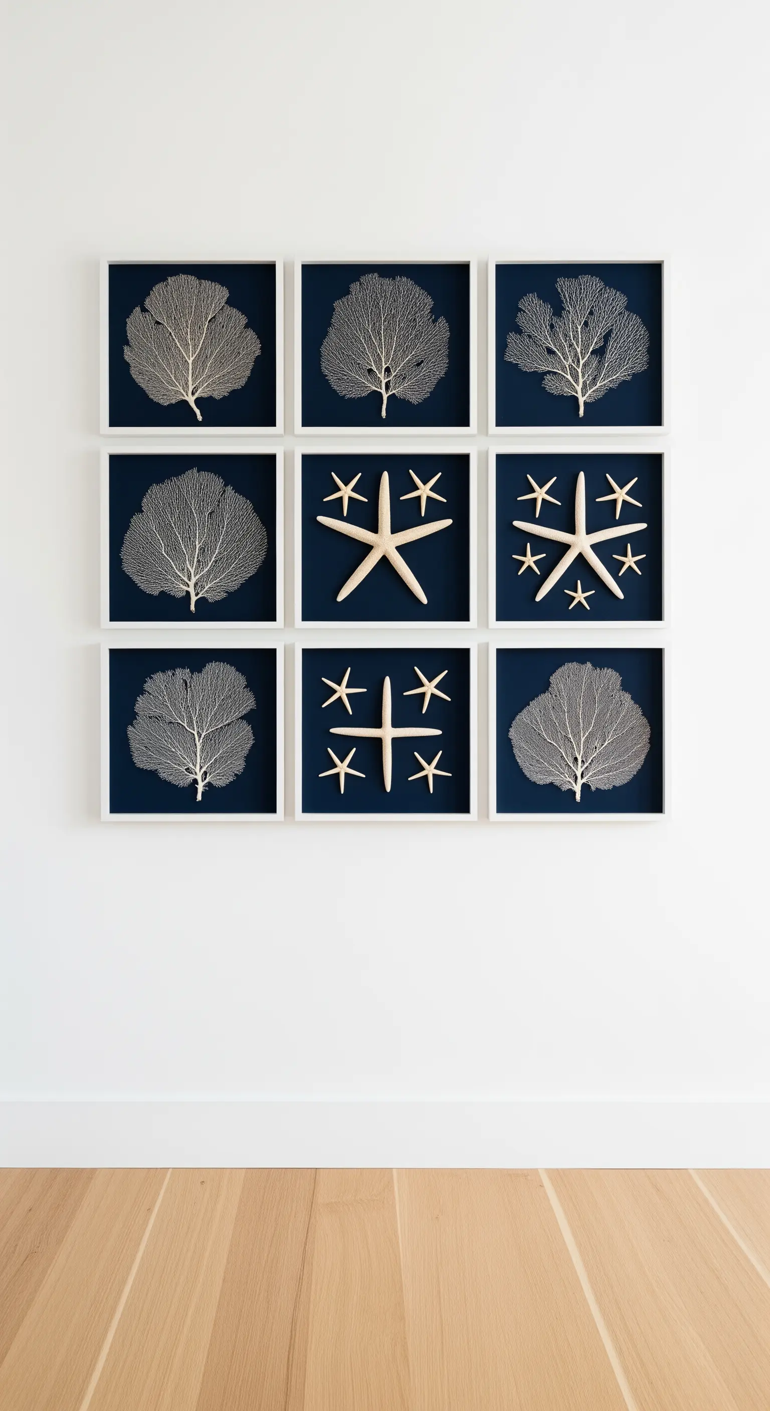 Galerie-Wand mit weißen Rahmen, blauen Hintergründen und Meeresmotiven