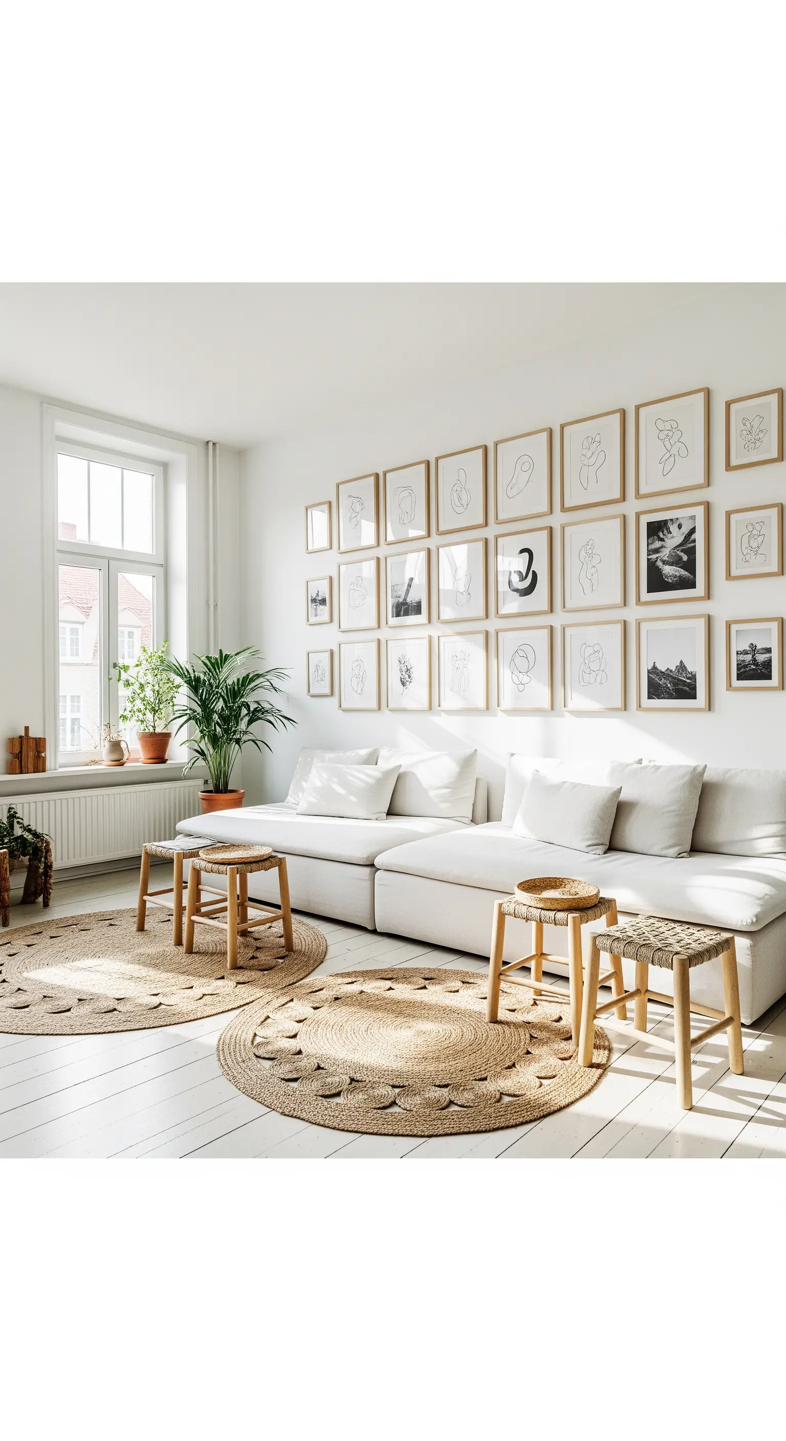 Galerie-Wand mit vielen Holzrahmen, zwei runde Jute-Teppiche