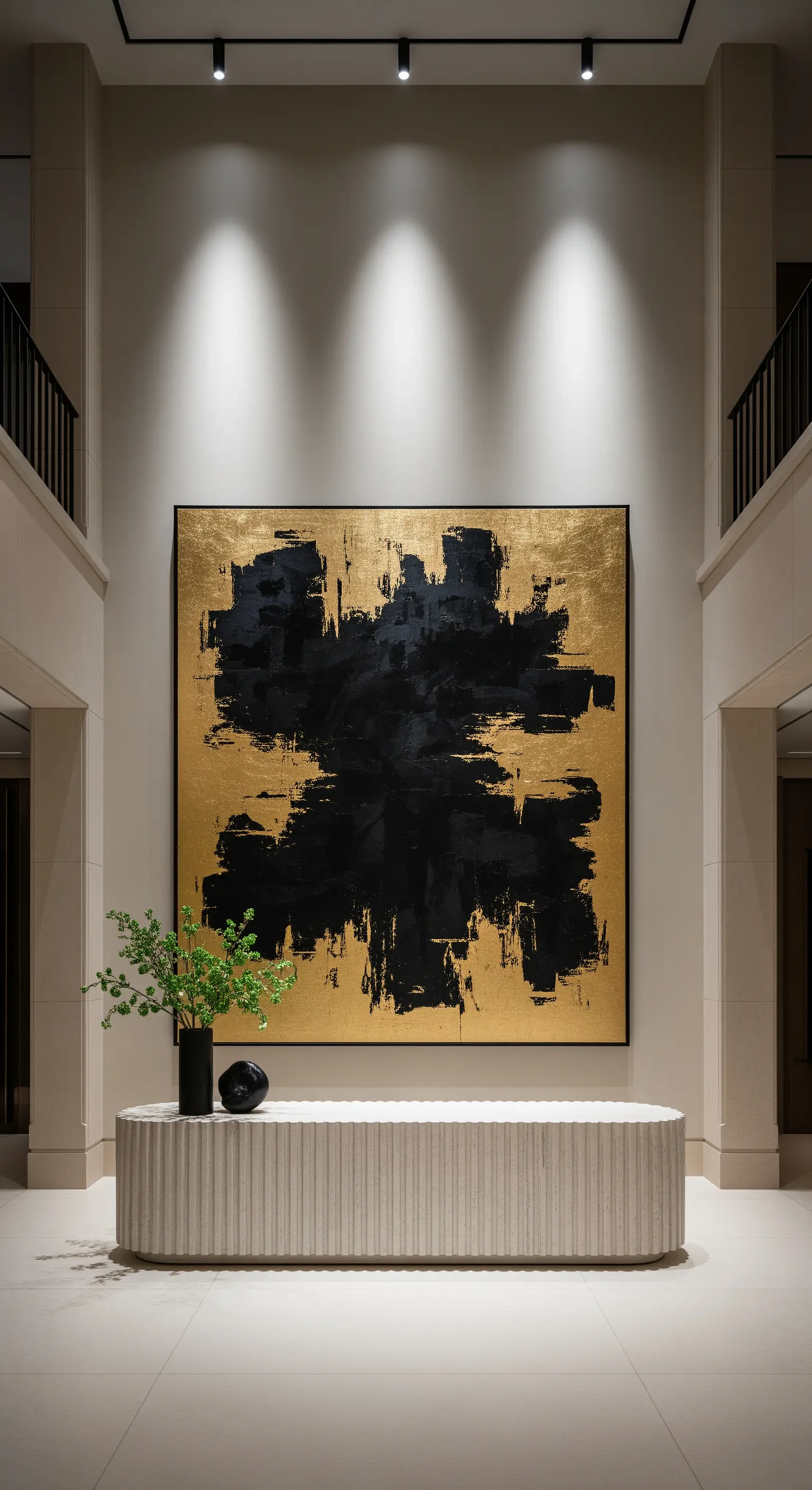 Geriffelte Steinkonsole unter großem Schwarz-Gold-Kunstwerk in einem eleganten Foyer