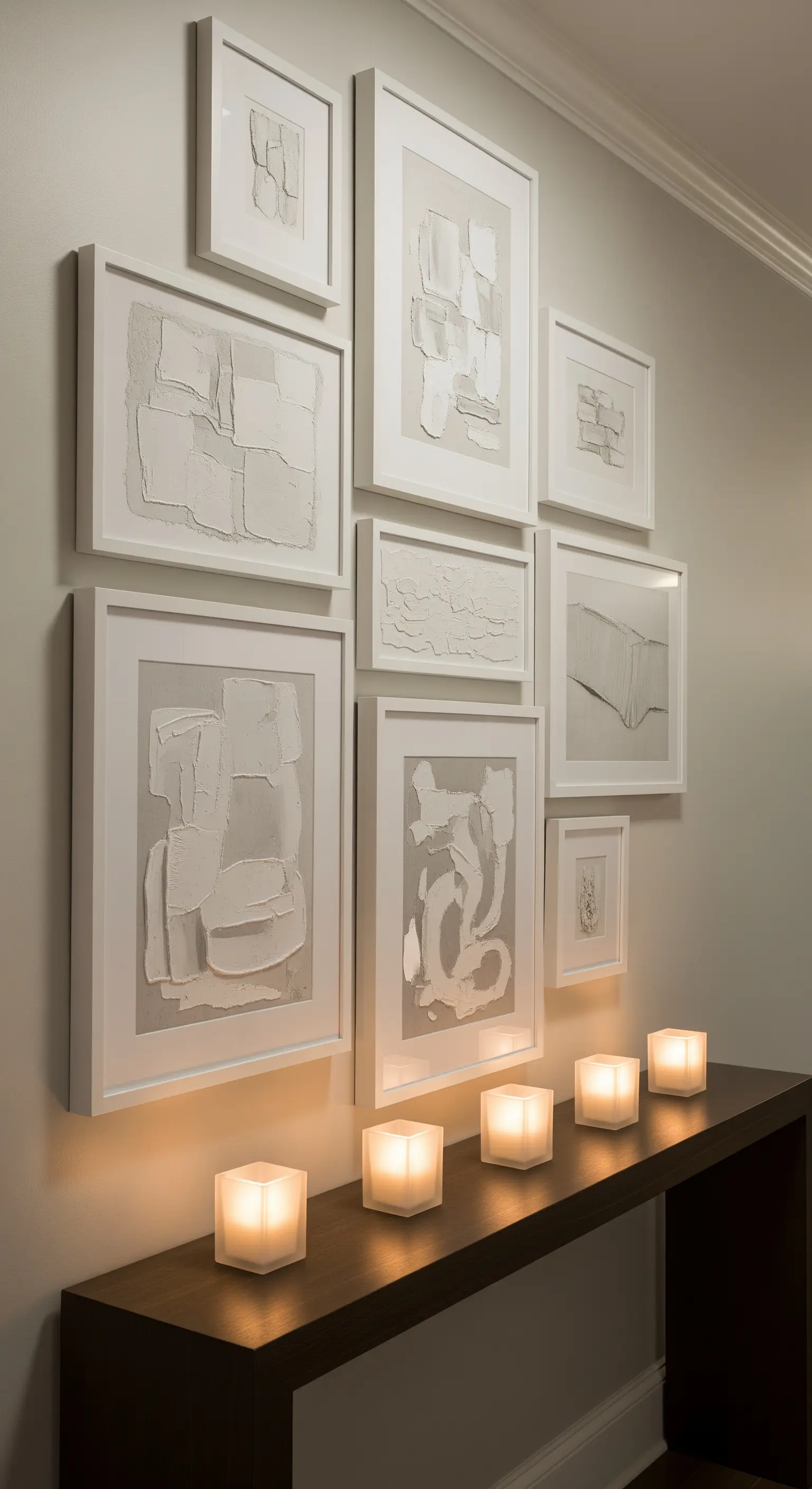 Konsolentisch mit strukturierten Kunstwerken und LED-Würfelkerzen.