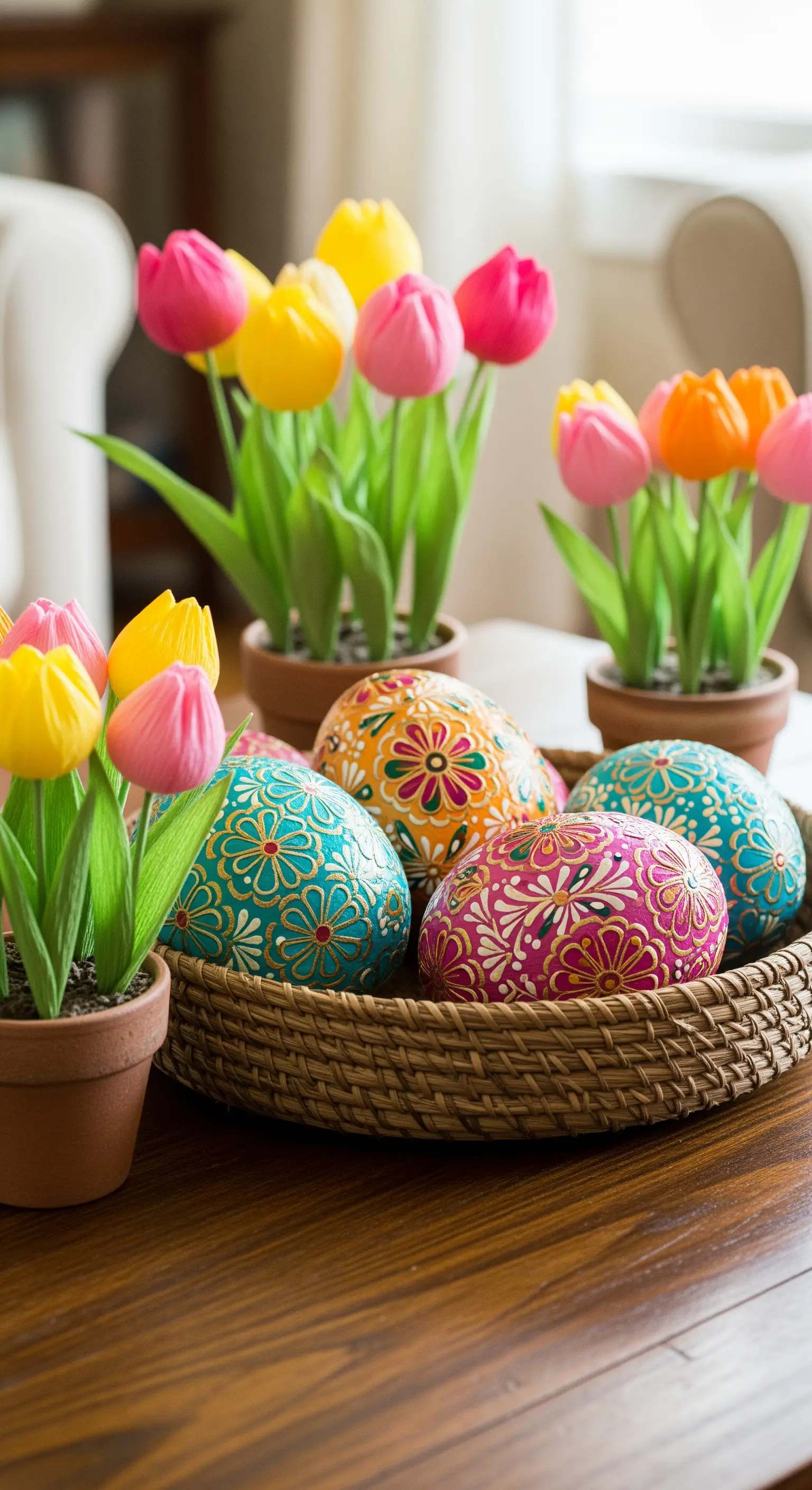 Weidenkorb mit kunstvollen Ostereiern, umgeben von Papiertulpen in kleinen Töpfen