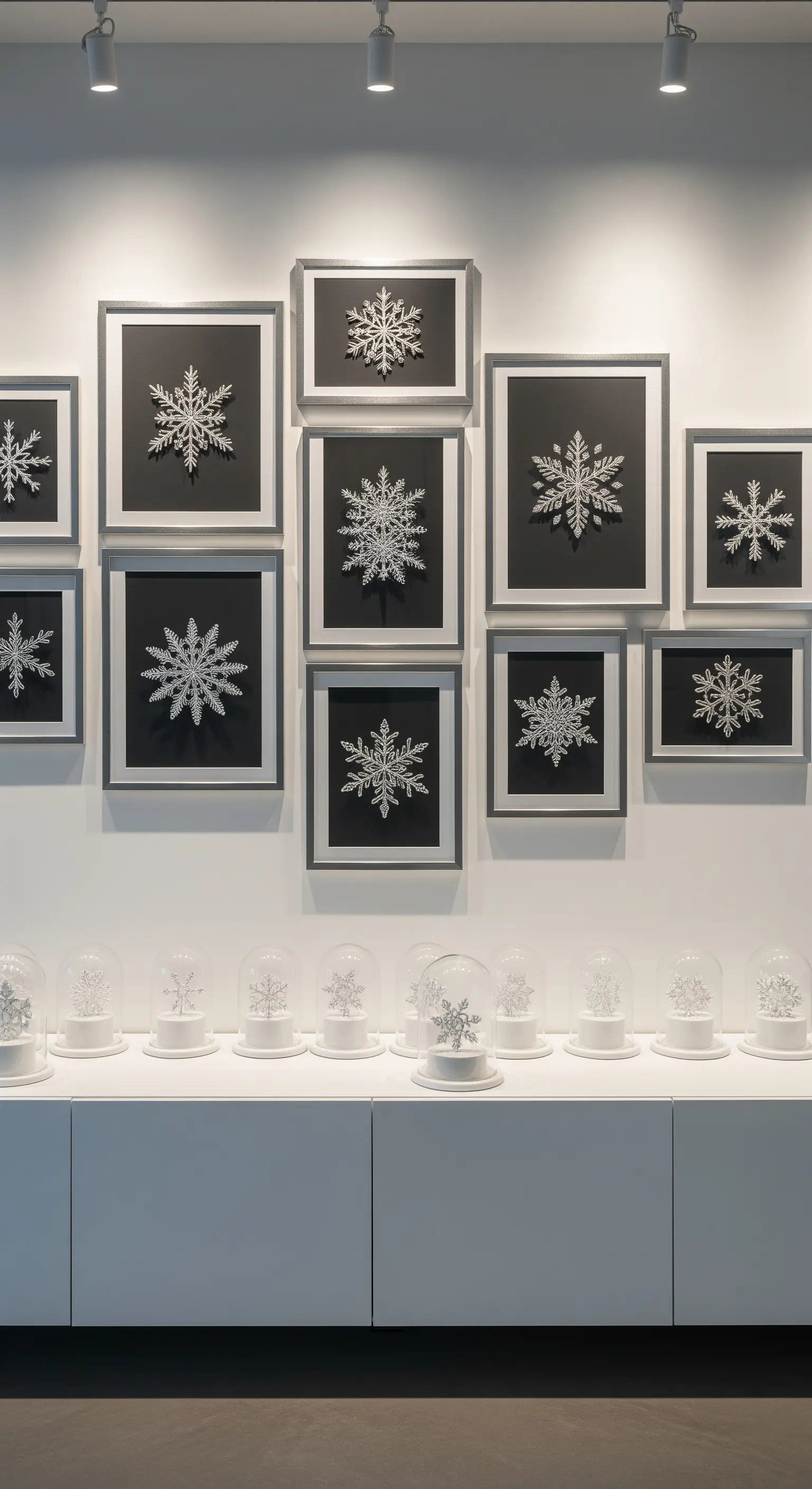 Galeriewand mit gerahmten Schneeflockenmotiven und kleinen Schneeflocken-Objekten unter Glaskuppeln
