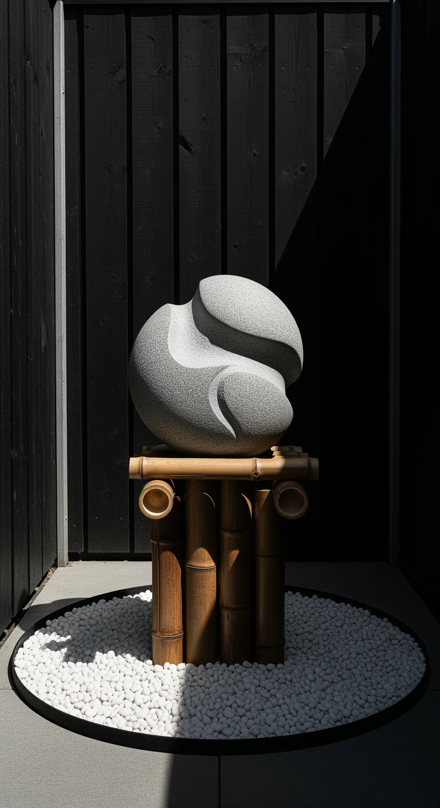 Abstrakte Steinskulptur auf Bambus-Sockel auf weißem Kiesbett