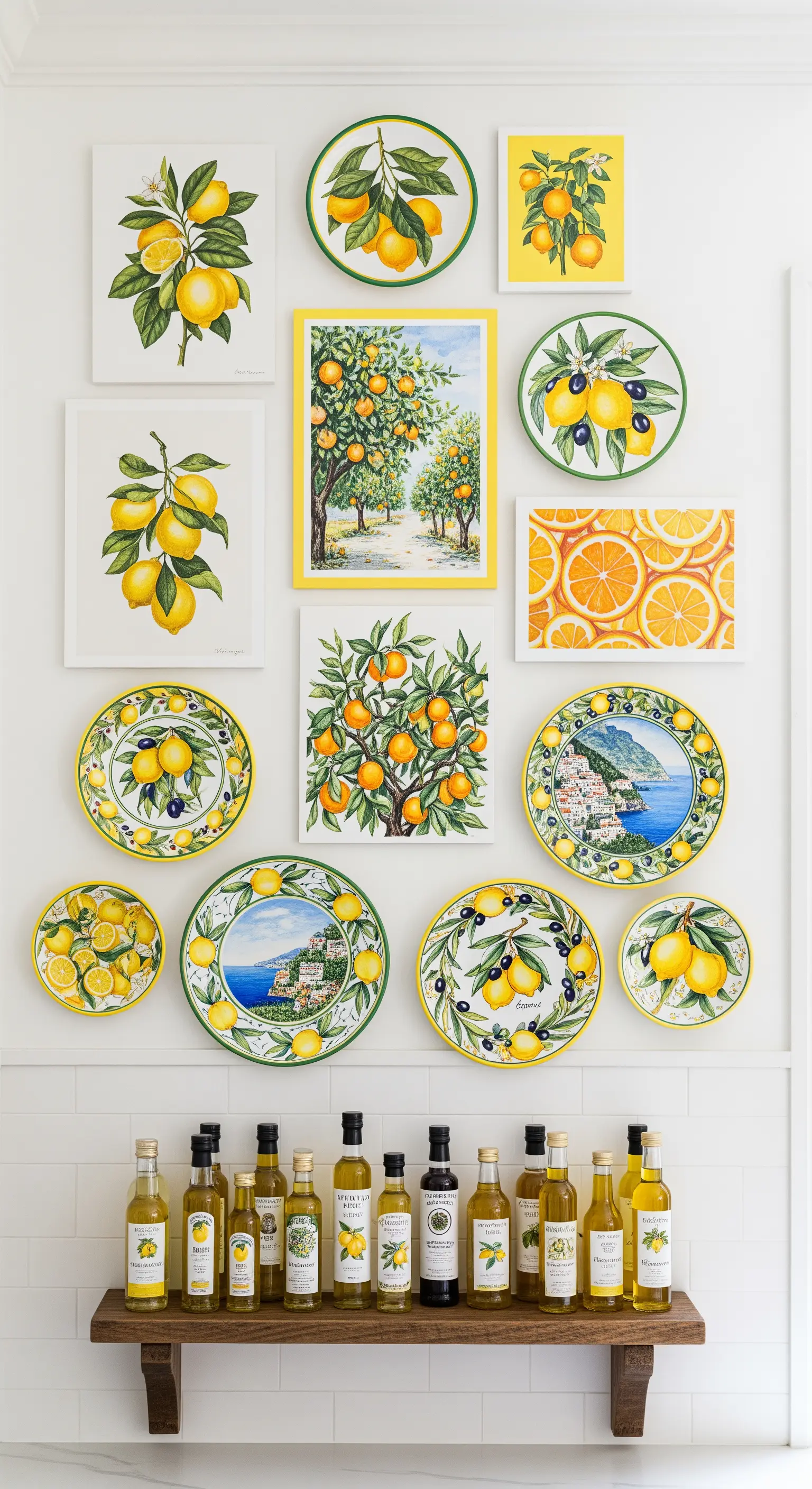 Galeriewand mit Zitronen-Botanicals und Keramiktellern