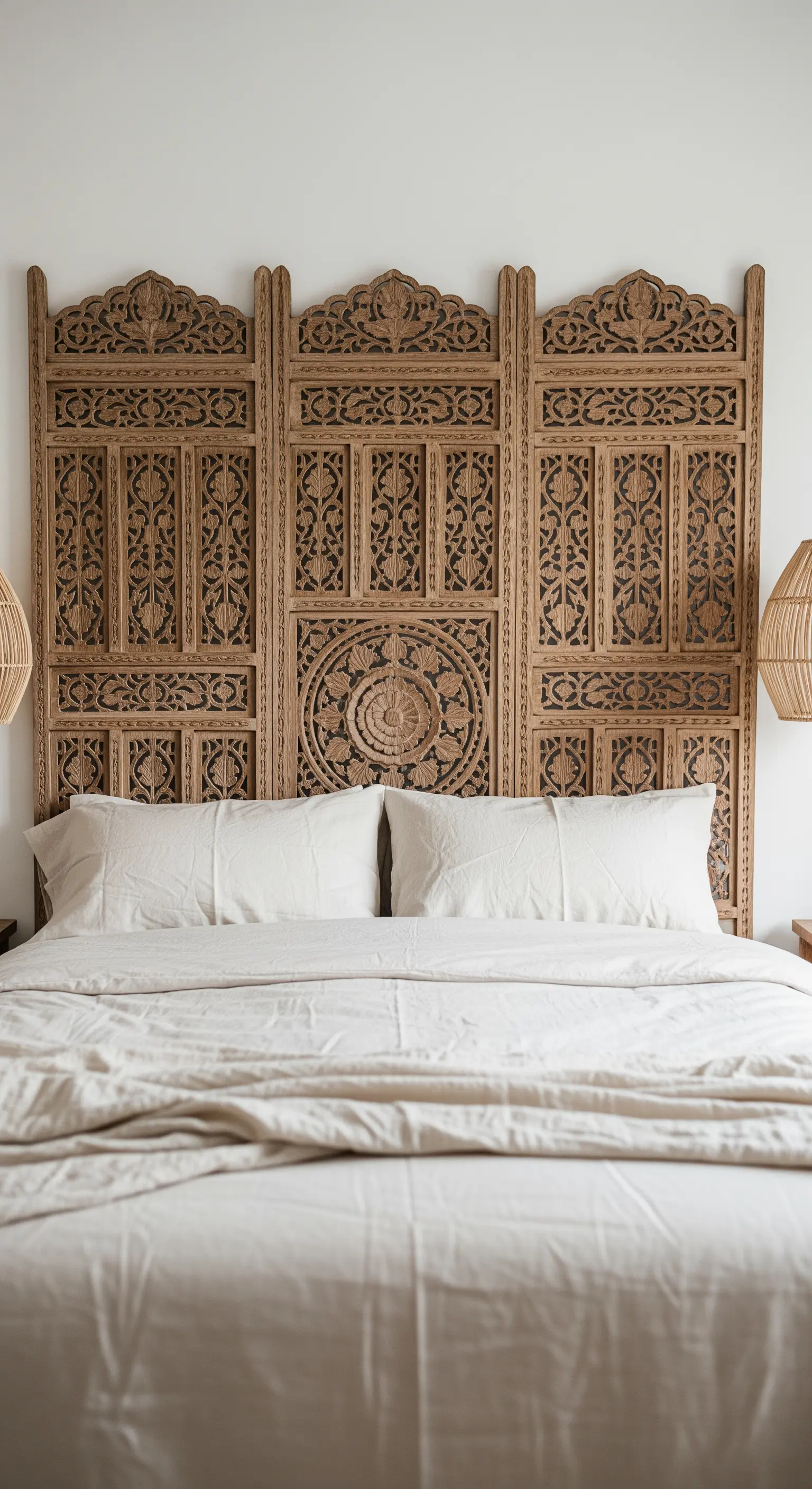 Großer, geschnitzter Holzparavent, der als kunstvolles Kopfteil für ein Bett dient