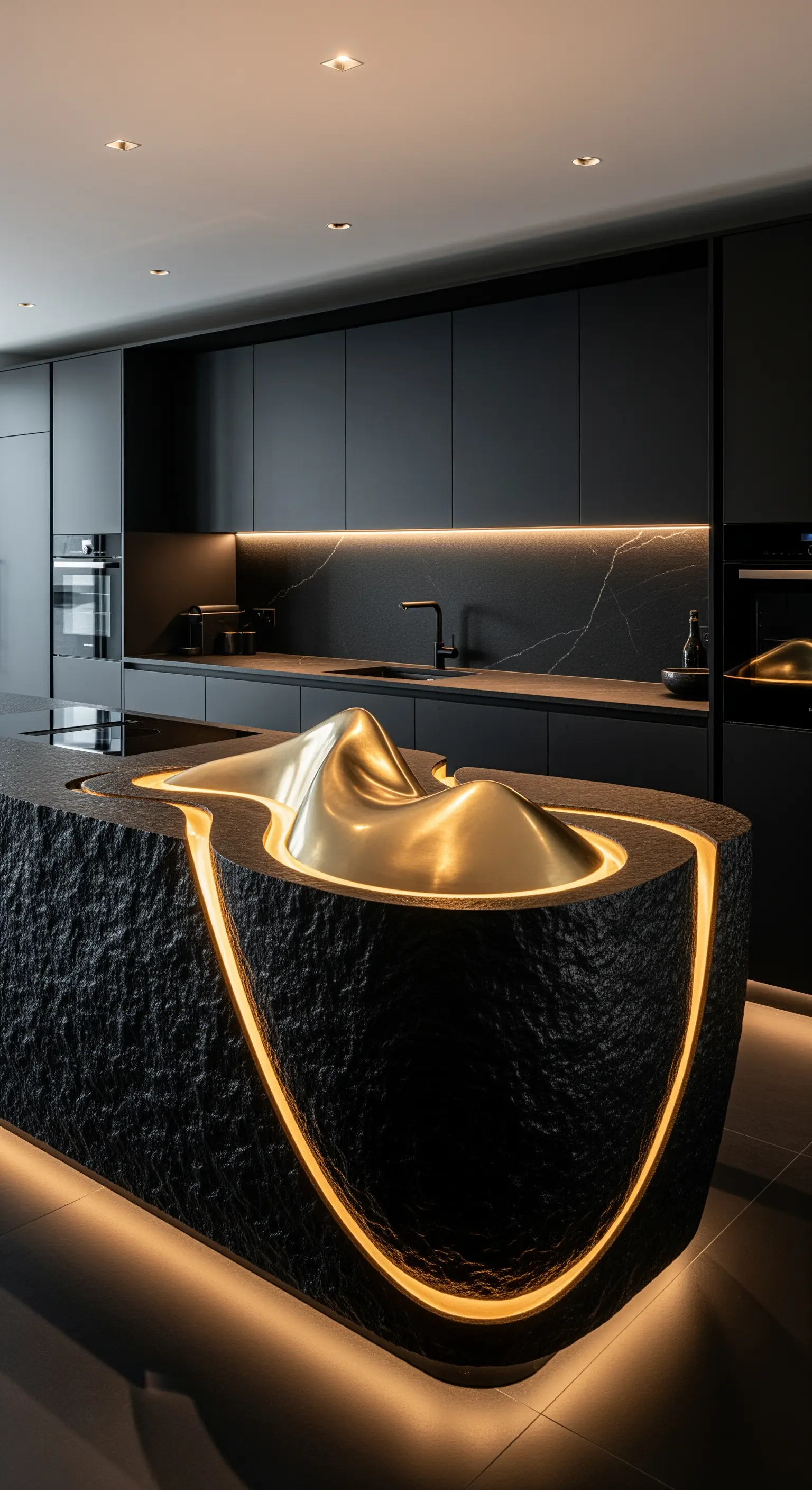 Kücheninsel mit integrierter goldener Leuchtskulptur aus dunklem Stein.