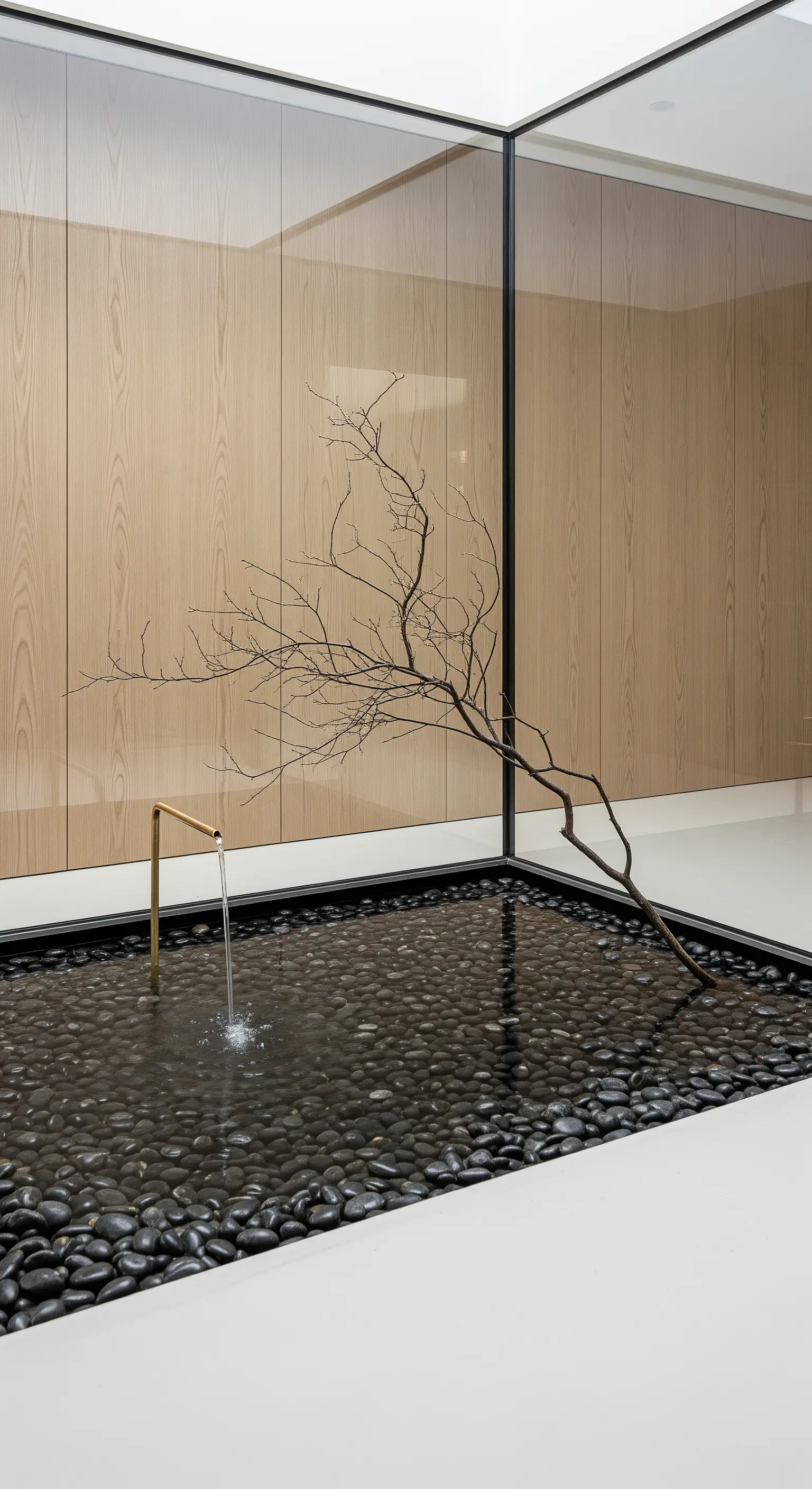 Wasserspiel, Trockenbaum, Kieselbecken, Holzwand