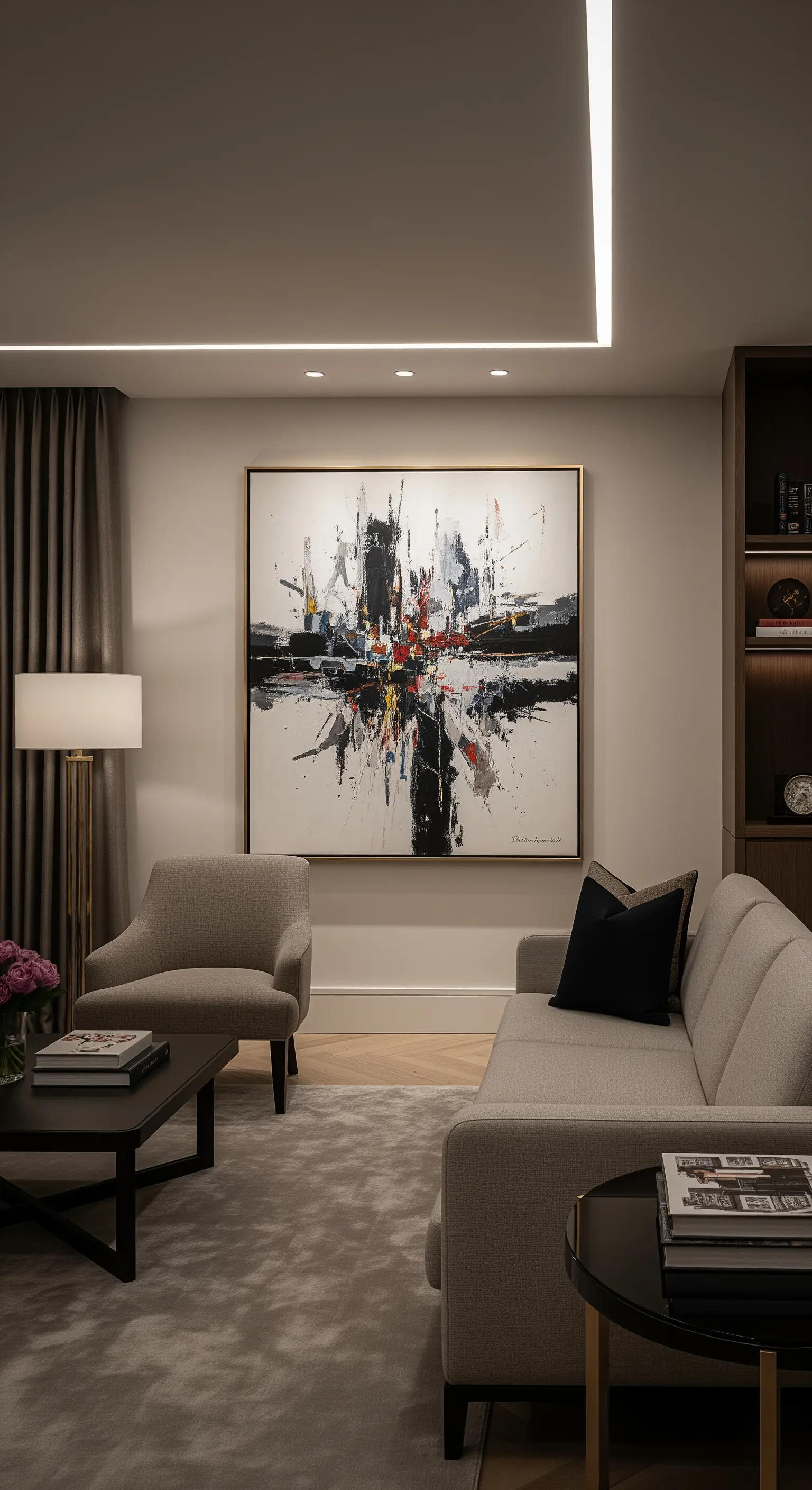 Modernes Wohnzimmer, in dem ein großes abstraktes Gemälde von einer Deckenlichtleiste angestrahlt wird