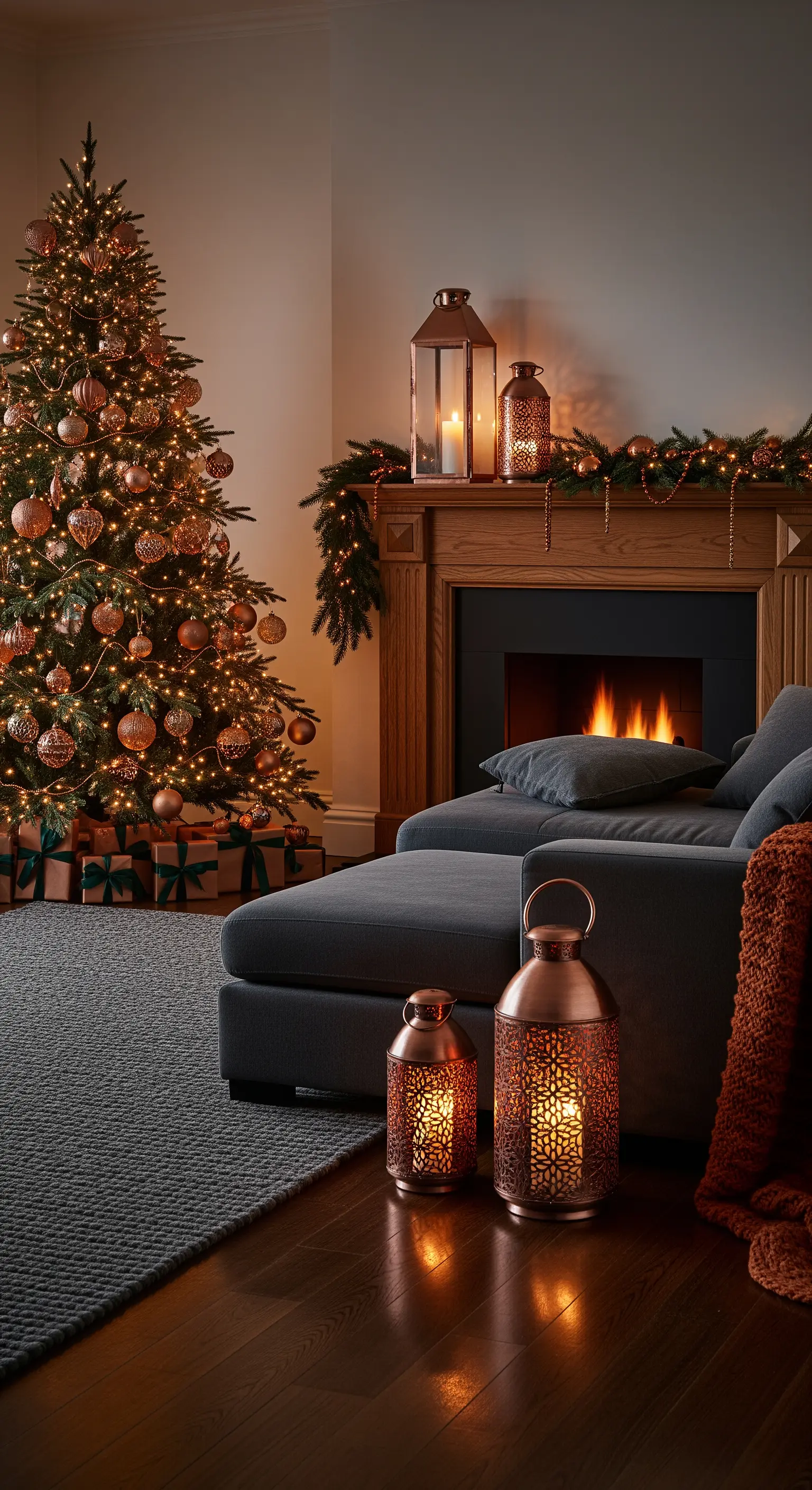 Modernes Wohnzimmer mit Weihnachtsbaum in Kupferfarben, Kamin und großen kupfernen Laternen.