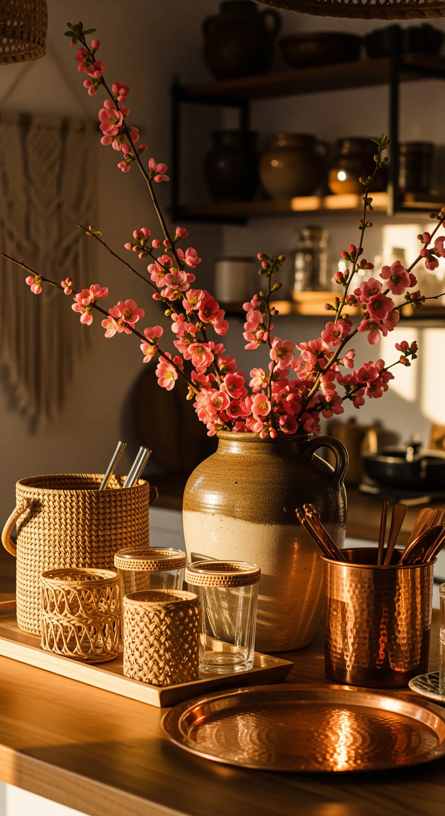 Kupfertablett, Rattangläser und Kirschblütenzweige auf Küchentheke