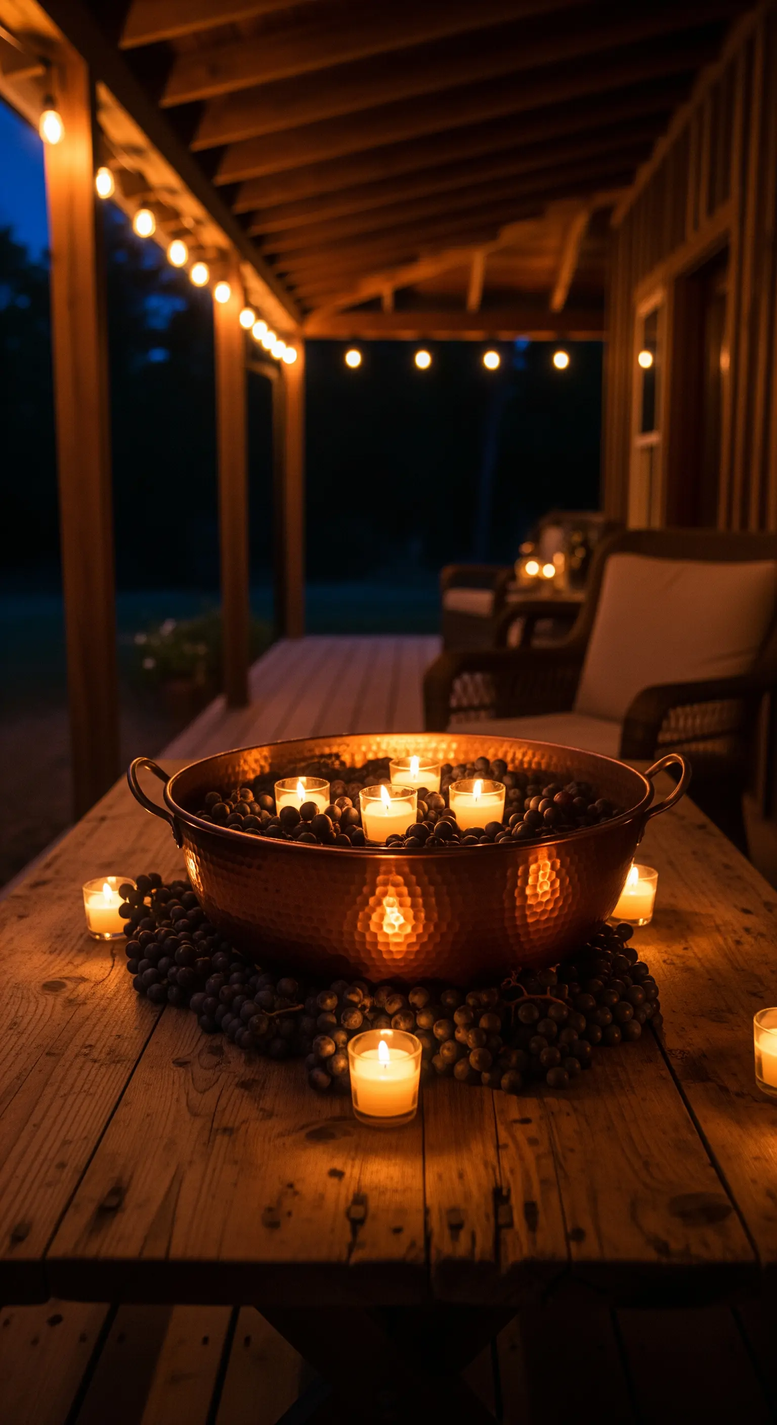 Kupferschale mit Teelichtern auf Holztisch, umgeben von dunklen Trauben unter Lichterkette