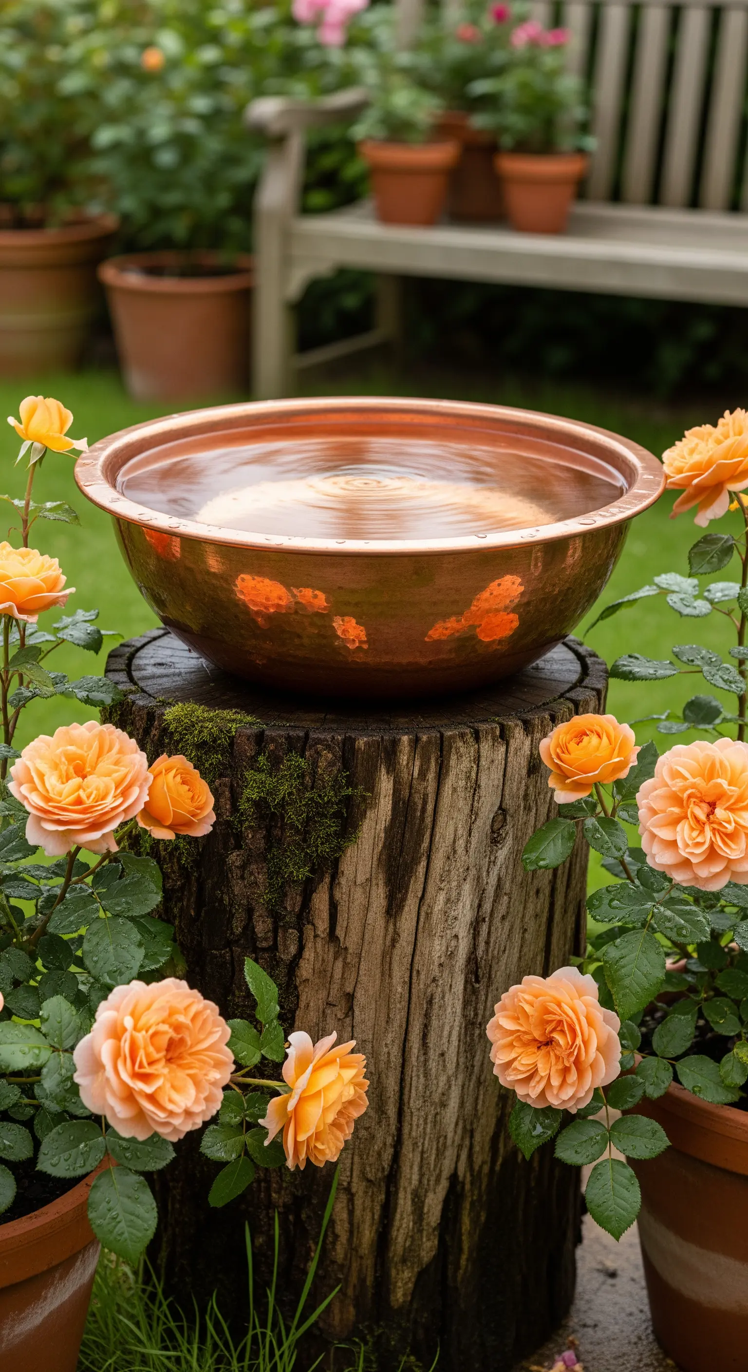 Kupferschale als Vogeltränke auf moosbewachsenem Baumstumpf, umgeben von apricotfarbenen Rosen