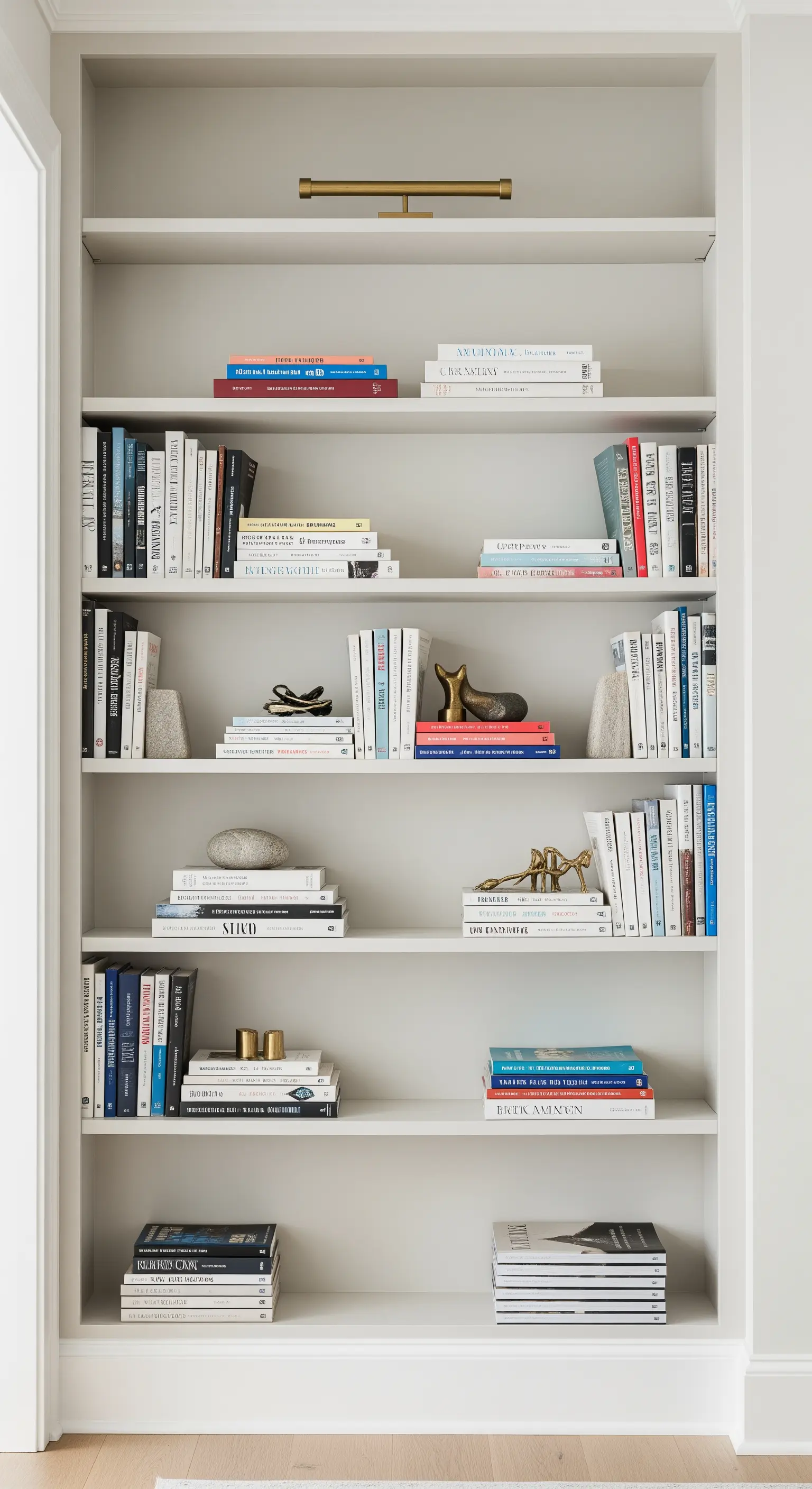 Ein helles, aufgeräumtes Bücherregal mit horizontal und vertikal angeordneten Büchern und Deko-Objekten.